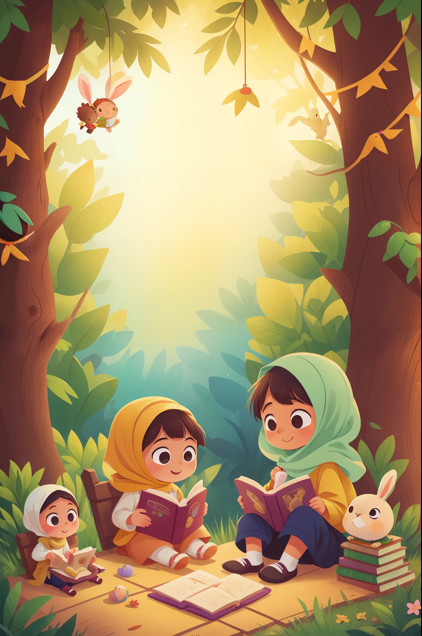 "A hijab girl and a boy, read a quran, sit on wood, forest, bookshelf, simple background, bokeh background, happy, colorful, vibrant, with her rabbit