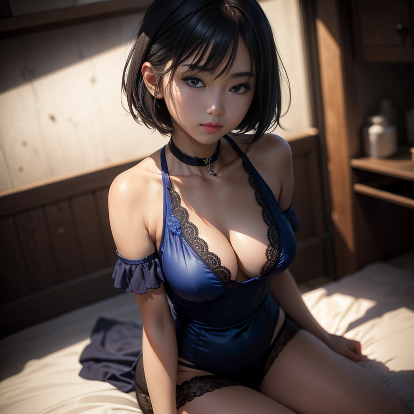 best qualtiy, tmasterpiece, 超高分辨率, (realisticlying:1.5), RAW photogr, 1girll, bshoulders, in the darkness nigth, deep shading, low tune, cold light, Sexy look, blue short hair