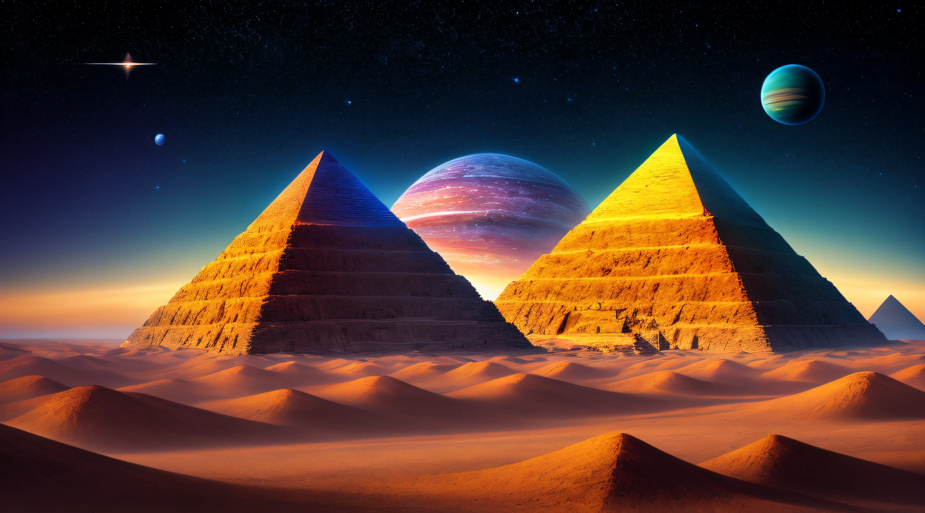 masterpiece, best quality, high quality, extremely detailed CG unity 8k wallpaper, Depth of Field, HDR, Photorealistic, extremely detailed, Intricate, High Detail, pyramid on an alien planet showing a night sky with planets and nebulae, deep space, astronomical objects