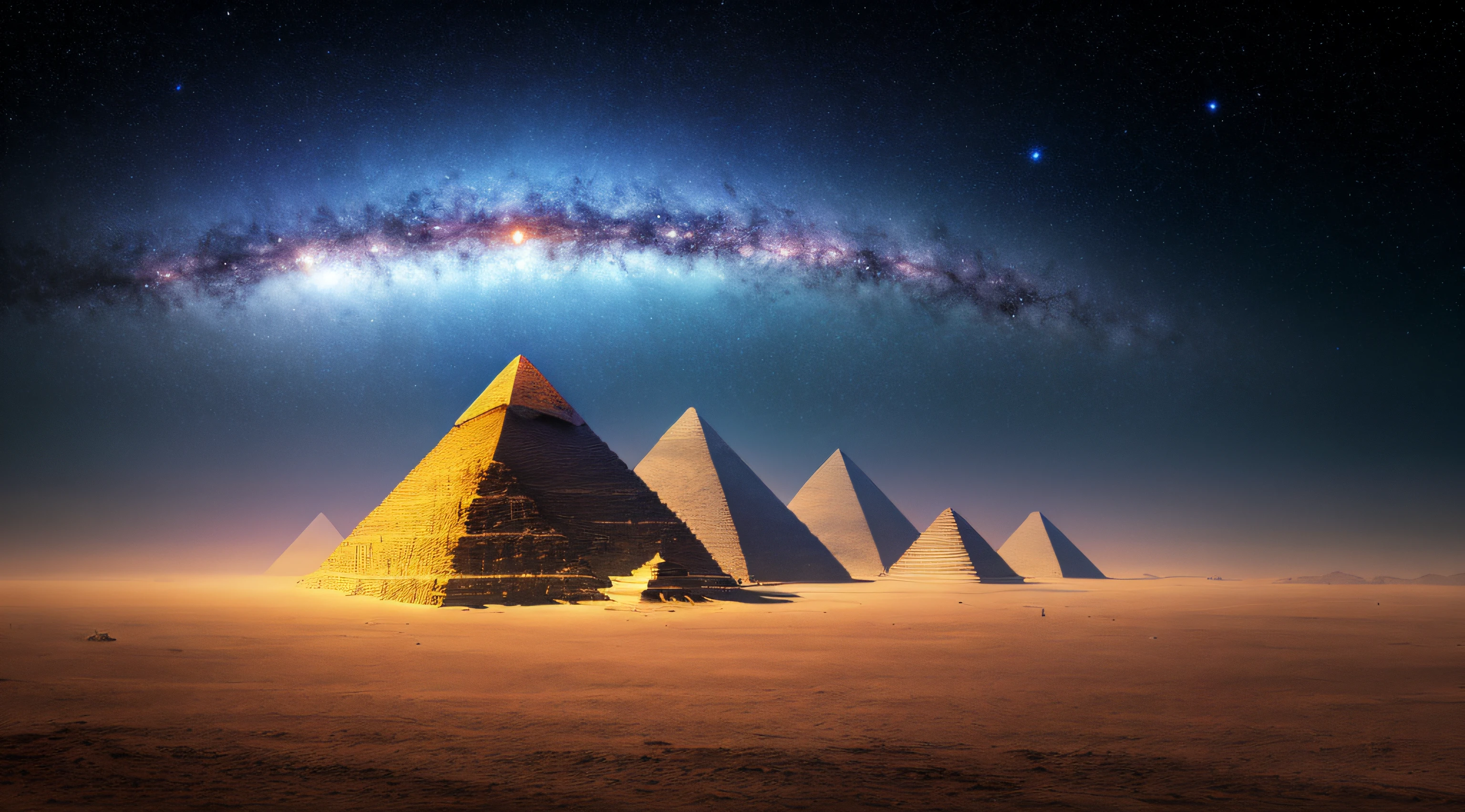 masterpiece, best quality, high quality, extremely detailed CG unity 8k wallpaper, Depth of Field, HDR, Photorealistic, extremely detailed, Intricate, High Detail, pyramid on an alien planet showing a night sky with planets and nebulae, deep space, astronomical objects