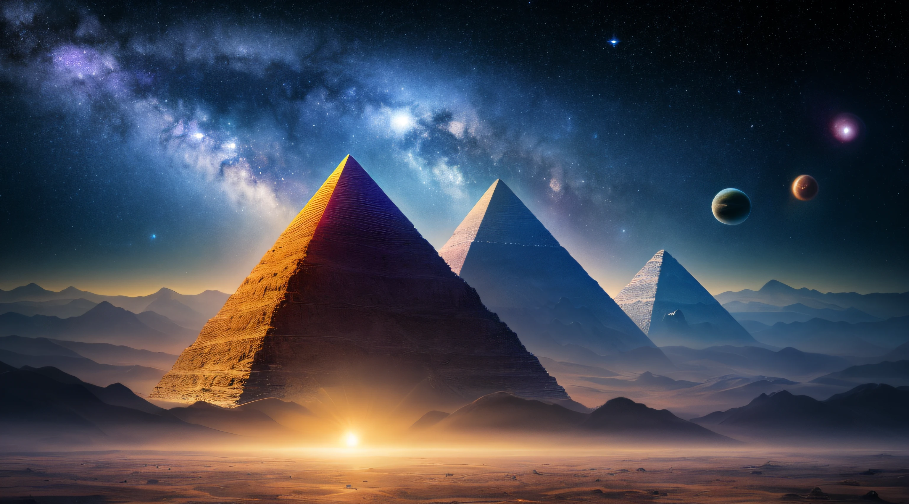 masterpiece, best quality, high quality, extremely detailed CG unity 8k wallpaper, Depth of Field, HDR, Photorealistic, extremely detailed, Intricate, High Detail, pyramid on an alien planet showing a night sky with planets and nebulae, deep space, astronomical objects