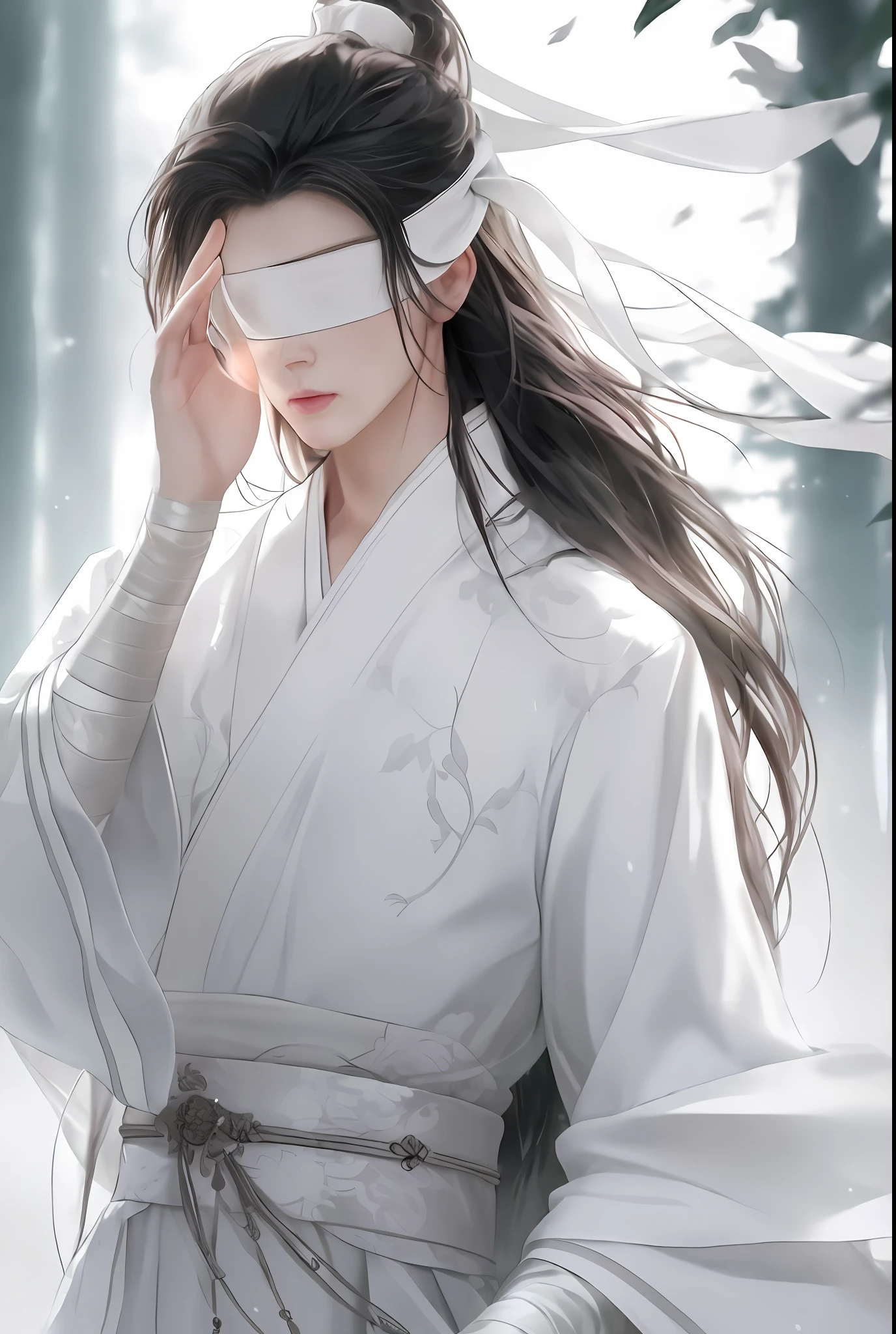 Anime girl with blindfold and white dress in the forest, flowing hair and long robes, flowing white robes, inspired by Guan Daosheng, white hanfu, inspired by Bian Shoumin, inspired by Wu Daozi, long flowing white robe, beautiful male god of death, heise jinyao, Full body Wuxia, delicate androgynous prince