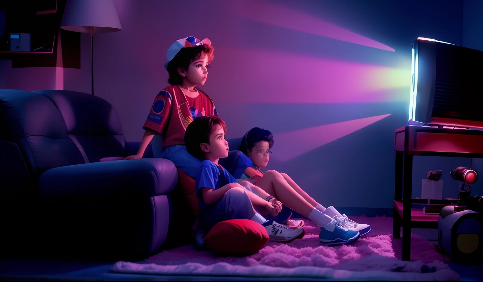 There are two children sitting on a couch watching TV, Comercial de TV, imagem promocional do filme, filme infantil, cinematic movie image, Directed by: Morris Kestelman, imagem do filme, Directed by: John La Gatta, Cinematic image, filme promocional ainda, advertising photo, Raios azuis da TV, Fotografia a cores VHS, cinematic contrasted lighting, cinematic mood lighting, Filme de 1995