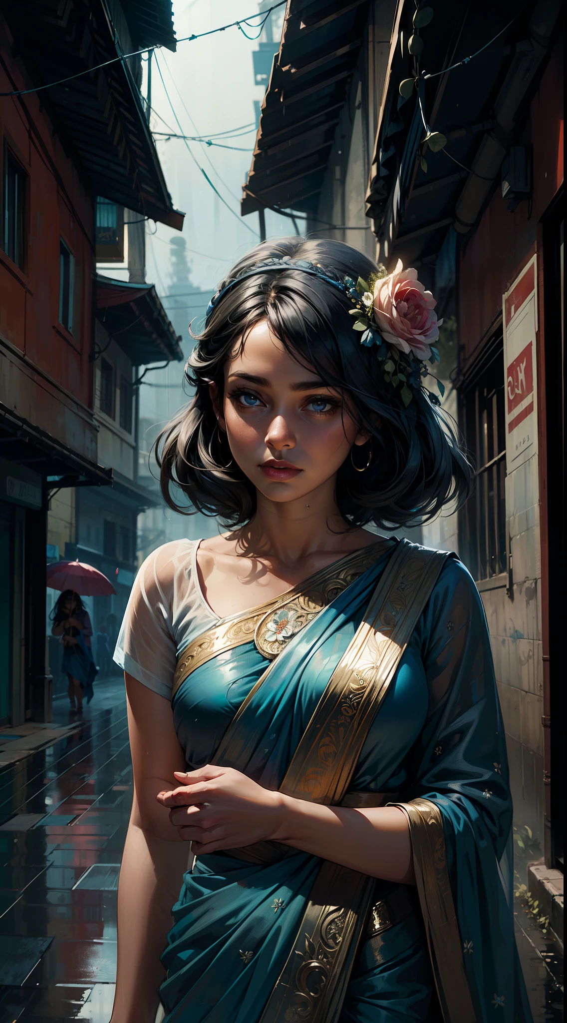 masterpiece, best quality, highly detailed,{{1girl}}, outdoors, raining, dark alley, umbrella, a girl wearing blue saree, (flower) in her head, in the street of odisha, rainy day