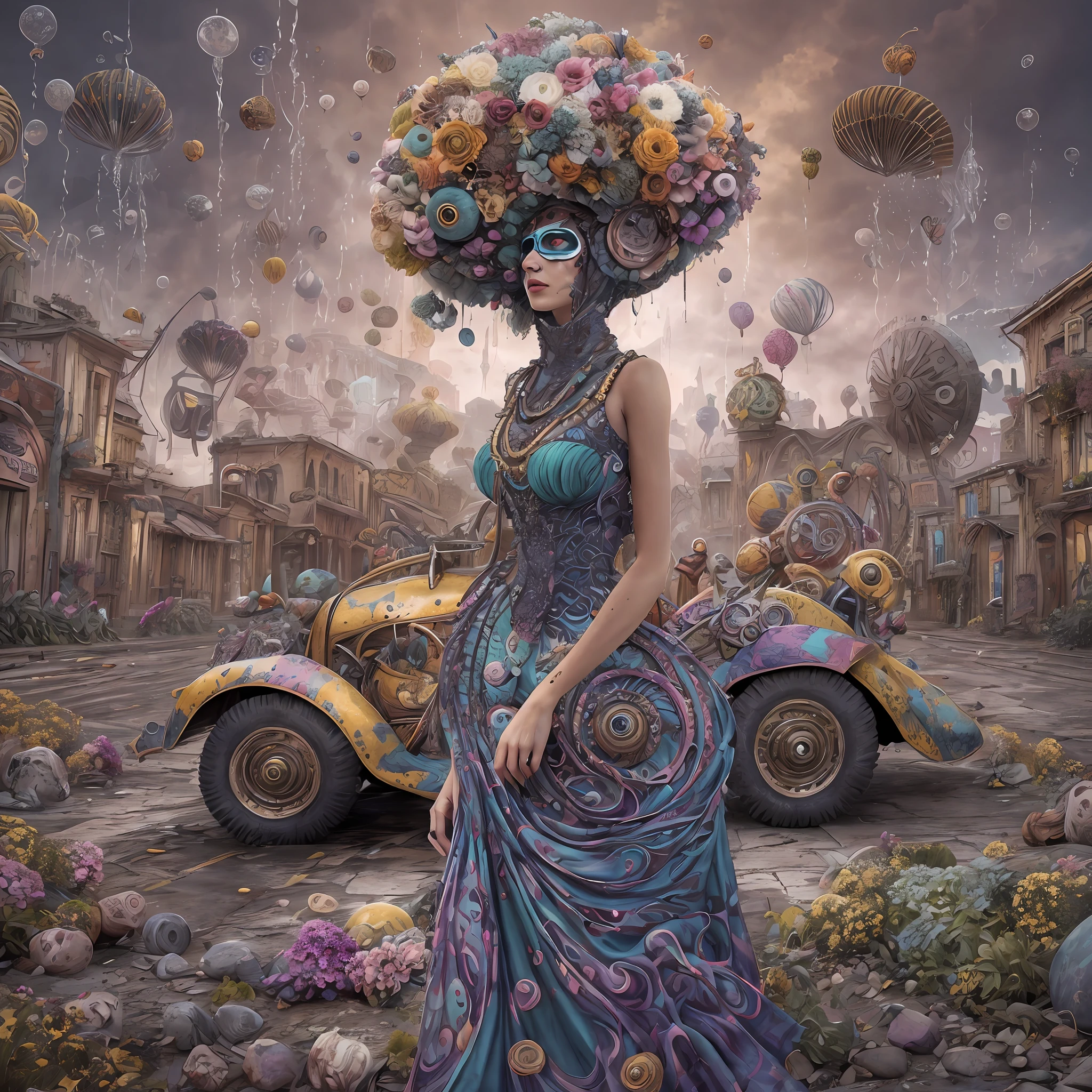 Wantz monster design,intriguing,High color saturation,swirles,Hyper-realistic, Ultra-detailed,Ultra-stereoscopic,MuCoi,Drip style - paint - 1900,tentaculata,round eye,Digital art by Ray Caesar and Hannah Hch and Stephen Burrows, A beautiful young woman in action pose, centered in frame, Wide shot, Lively breasts, Mask, Pop surrealism, neo-dada, Spectacular, spectacle, Masterpiece, Private collection, Featured collections, behans, a 3D render, Cracked clay, Gothic, Bright colors, Supersaturation, Depth, spirals, fibonacci sequence, shells, Flowers, gear wheel, tunnel, surreal environment, Fractal geometry, game assets, City scene, Modern makeup, Long eyelashes, Rain drops, Chiffon dress, Rococo, bangle, Punk rock, Subversive art, Dirty, Dirt, Skiff, Mid-cut jeans, Specular highlights, Pondering, ambient occlusion render, Detailed, Parade Square, ((isoline)), armature, Detailed, elaborate, complex, Desert, Mountains, Cart, The Car, Stormy sky, Moonlight