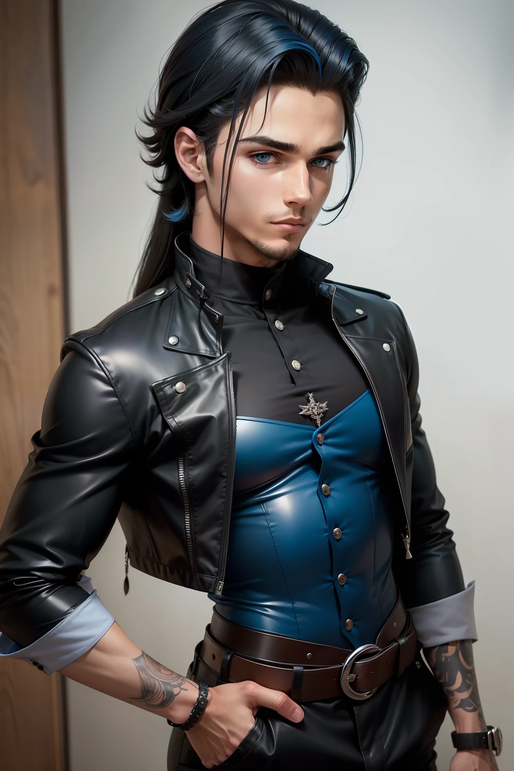 GAROTO jovem, ((cabelo preto)), (((cabelo curto))), olhos azuis, roupa colante azul corpo inteiro, JAQUETA DE COURO