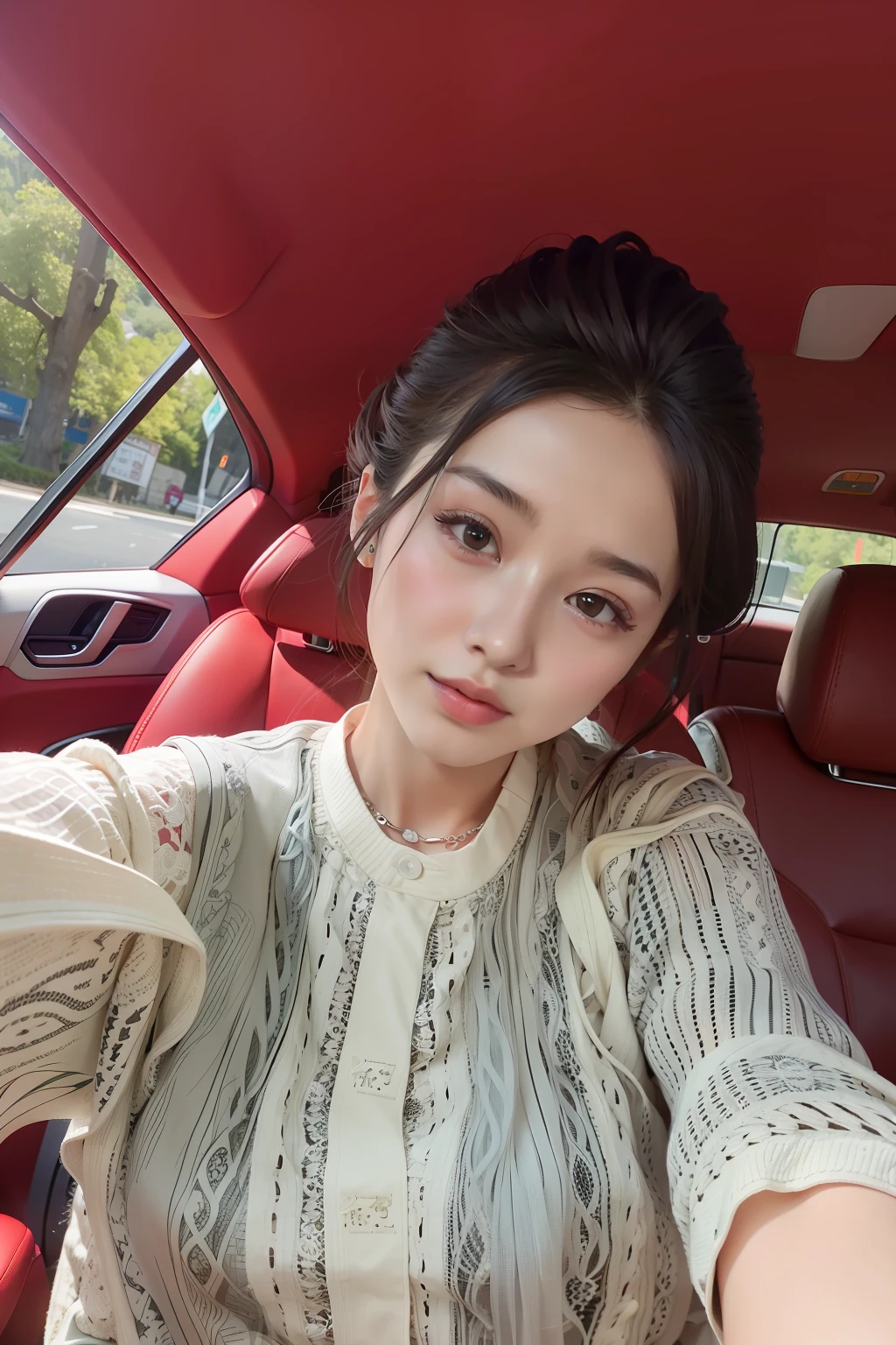 there is a woman sitting in a car with a cell phone, shaxi, 8K, the number, Selfie Photos, dilraba dilmurat, Cai Xukun, Clear lips and high quality, xintong chen, Xianxia, Inspired by Huang Ji, yanjun cheng, 8K)), chengyou liu, gorgeous chinese models, Li Zixin