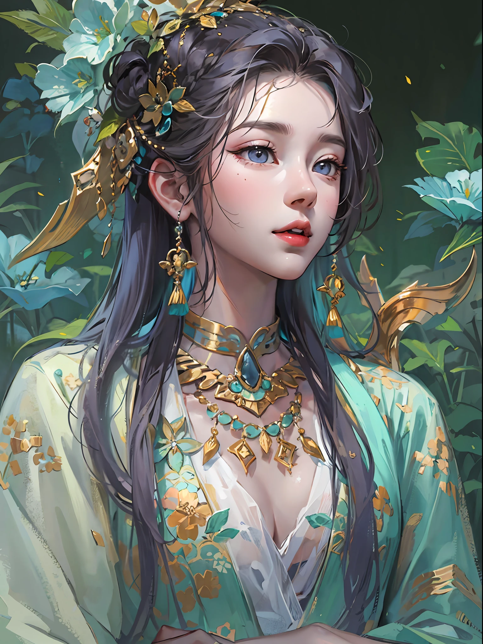 HighestQuali，tmasterpiece：1.2，Detailed details，4K，fairy woman with 4 size chest, with hairstyles and flowers, in the style of influenced by ancient chinese art, subtle realism, he jiaying, dark white and dark aquamarine, Elaborate costumes, Beautiful, with golden brown, purpleish color, dimpled chest, multilayered realism