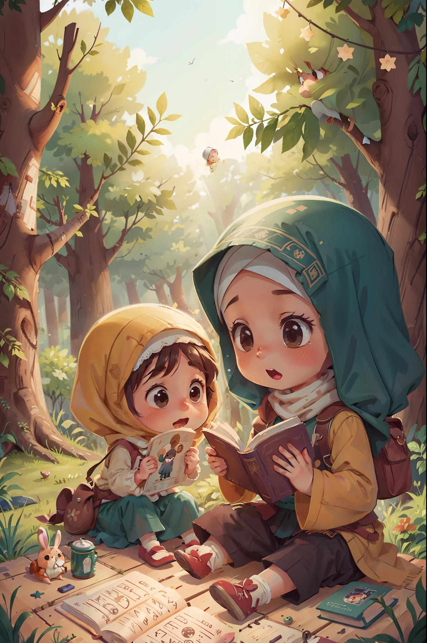 "A little hijab girl and a boy, read a quran, sit on wood, forest, bookshelf, simple background, bokeh background, happy, colorful, vibrant, with her rabbit
