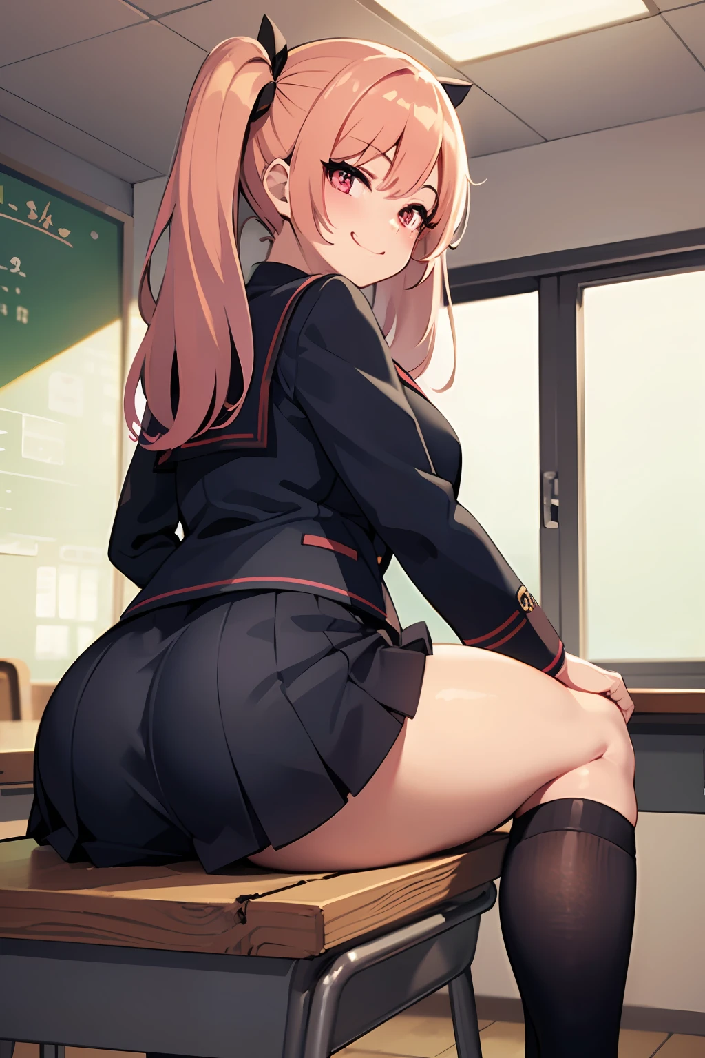 Thicc ass, sitting on chair desk, looking at us, pink g-string, detailed thicc g-string, (long socks), twin tails, black and red schoolgirl uniform, classroom, looking at us, soft smile, skirt, random hair color, smug face, sitting,