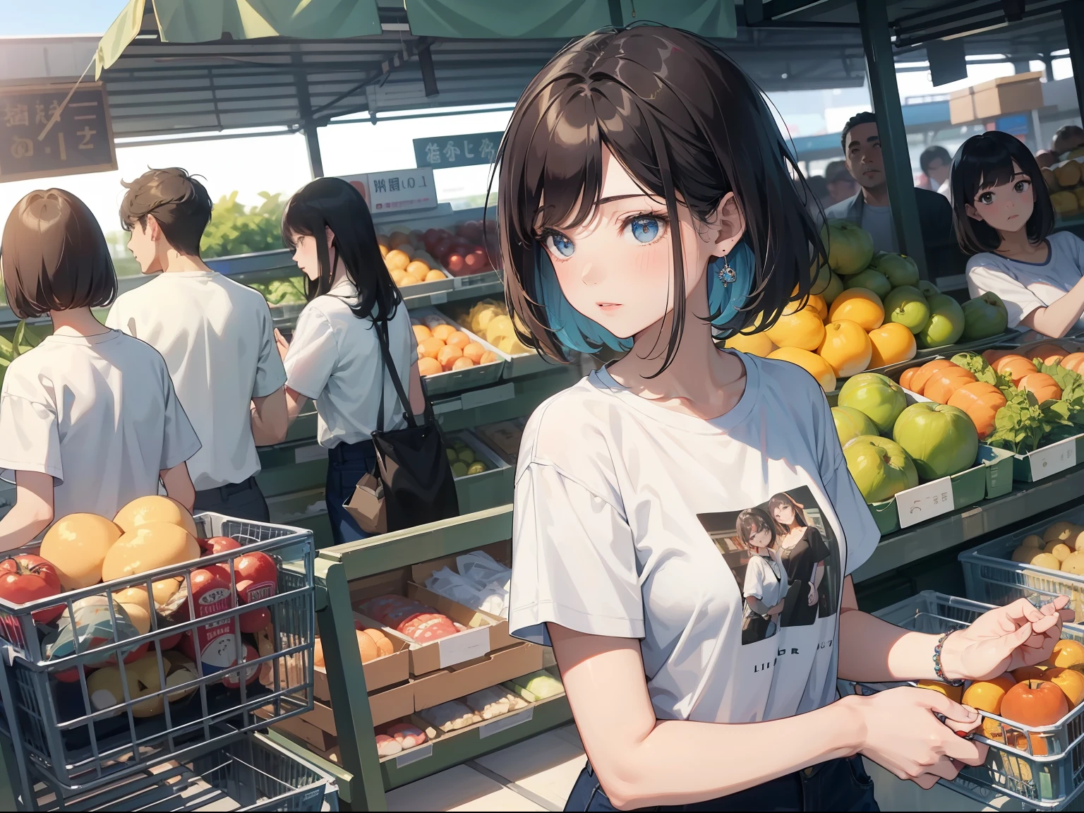 tmasterpiece， Best quality at best，short detailed hair、Melon seed face、Fair complexion、Girl in white t-shirt blue jeans，Realisticstyle，Behind is a crowded supermarket，The side view captures her hurried figure;