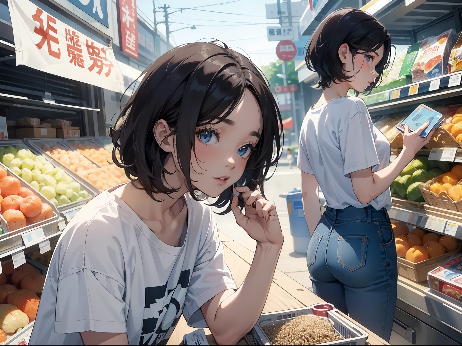 tmasterpiece， Best quality at best，short detailed hair、Melon seed face、Fair complexion、Girl in white t-shirt blue jeans，Realisticstyle，Behind is a crowded supermarket，The side view captures her hurried figure;