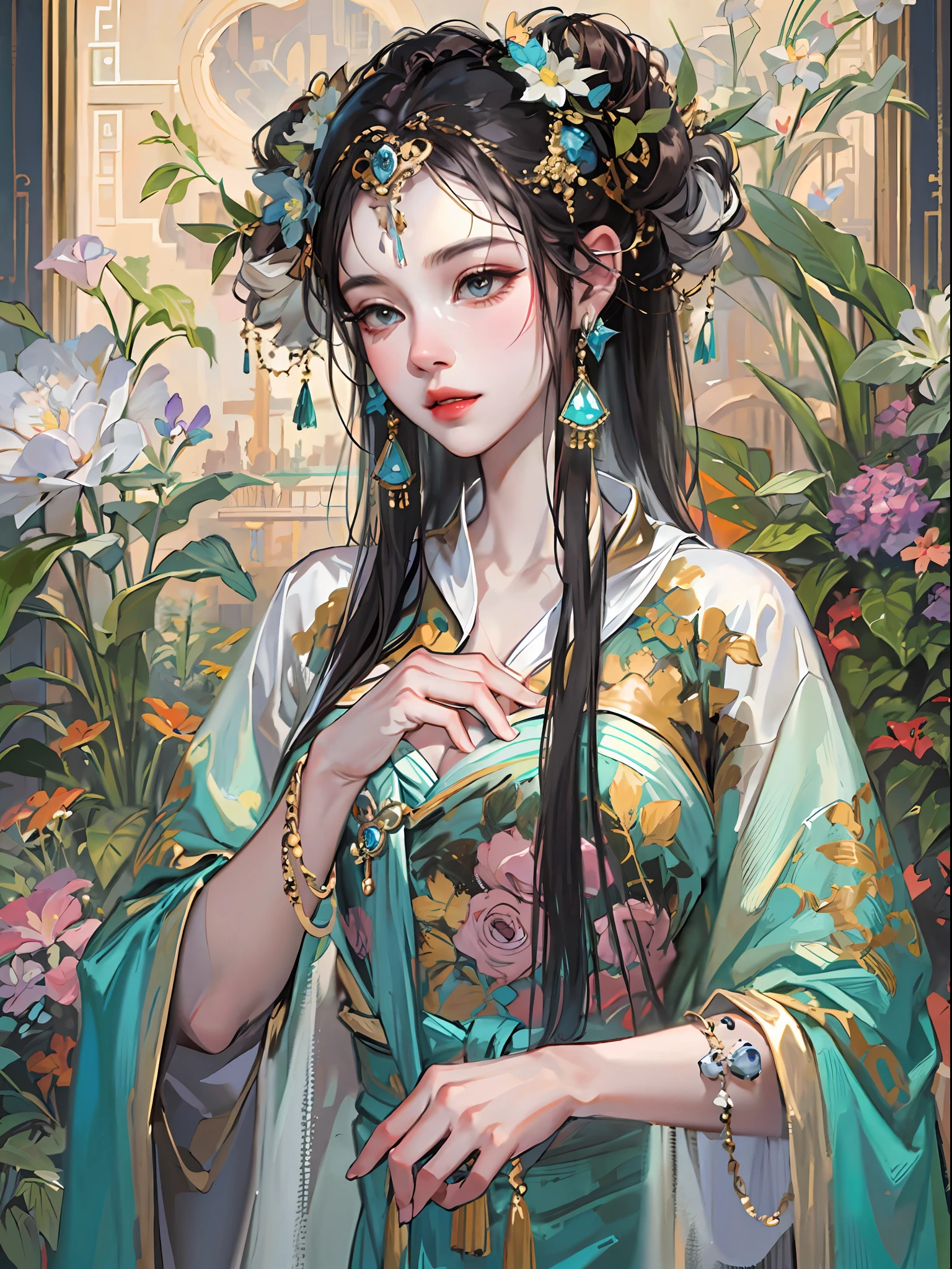 HighestQuali，tmasterpiece：1.2，Detailed details，4K，fairy woman with 4 size chest, with hairstyles and flowers, in the style of influenced by ancient chinese art, subtle realism, he jiaying, dark white and dark aquamarine, Elaborate costumes, Beautiful, with golden brown, purpleish color, dimpled chest, multilayered realism