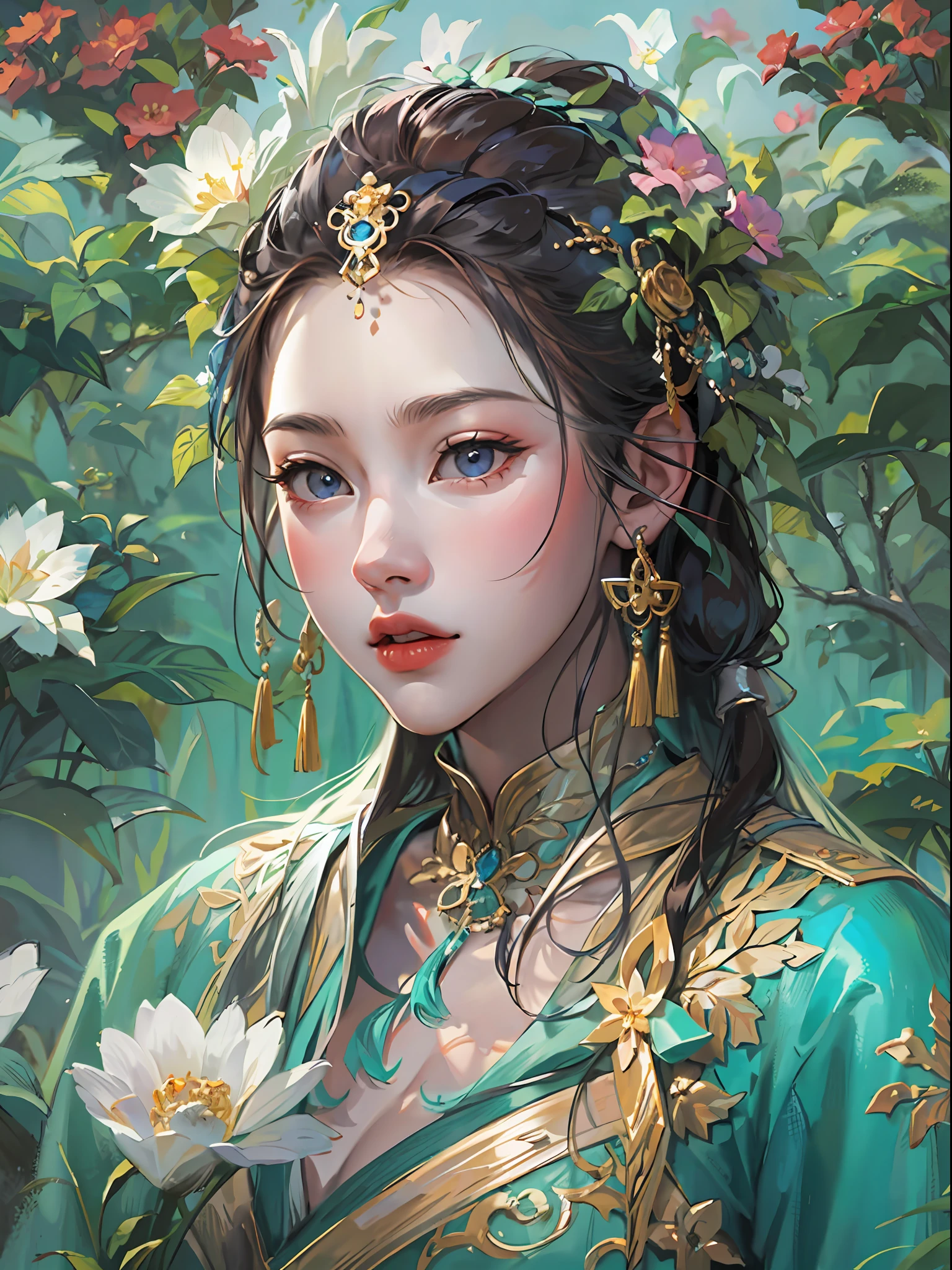 HighestQuali，tmasterpiece：1.2，Detailed details，4K，fairy woman with 4 size chest, with hairstyles and flowers, in the style of influenced by ancient chinese art, subtle realism, he jiaying, dark white and dark aquamarine, Elaborate costumes, Beautiful, with golden brown, purpleish color, dimpled chest, multilayered realism