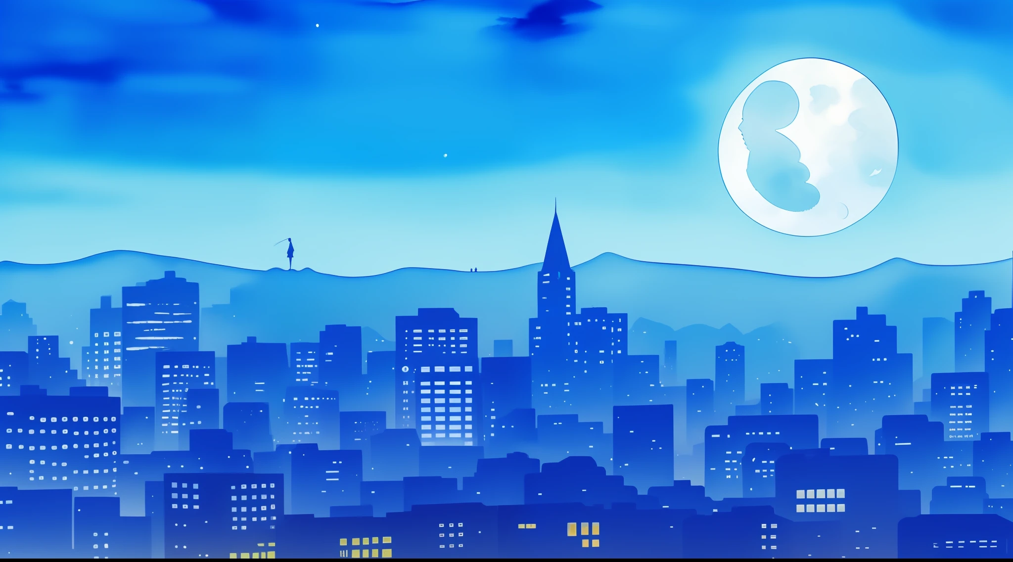One girl looking at city at night illuminated by fantastic cobalt blue neon lights from the roof of a building, moon, watercolor painting