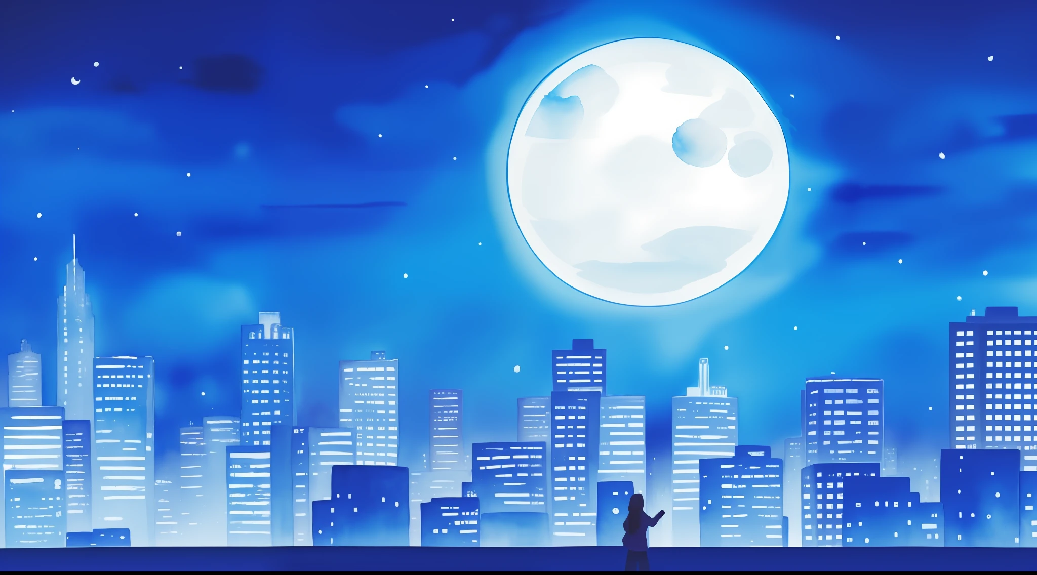 One woman looking at city at night illuminated by fantastic cobalt blue neon lights from the roof of a building, moon, watercolor painting