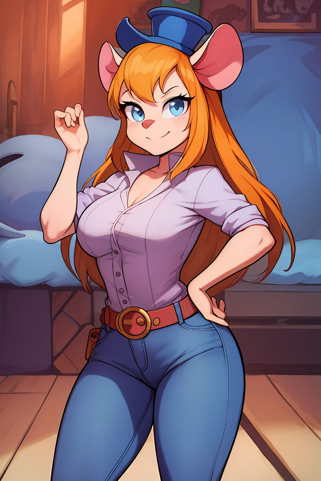 gadget_hackwrench, tiro de cowboy, sorriso, solo, Denim Jeans Pants, jaqueta pequena, botas altas, (alta qualidade: 1.2), obra-prima, detalhado, highres, 4k, foco nítido, estilo simples, desenho animado, [[anime]]