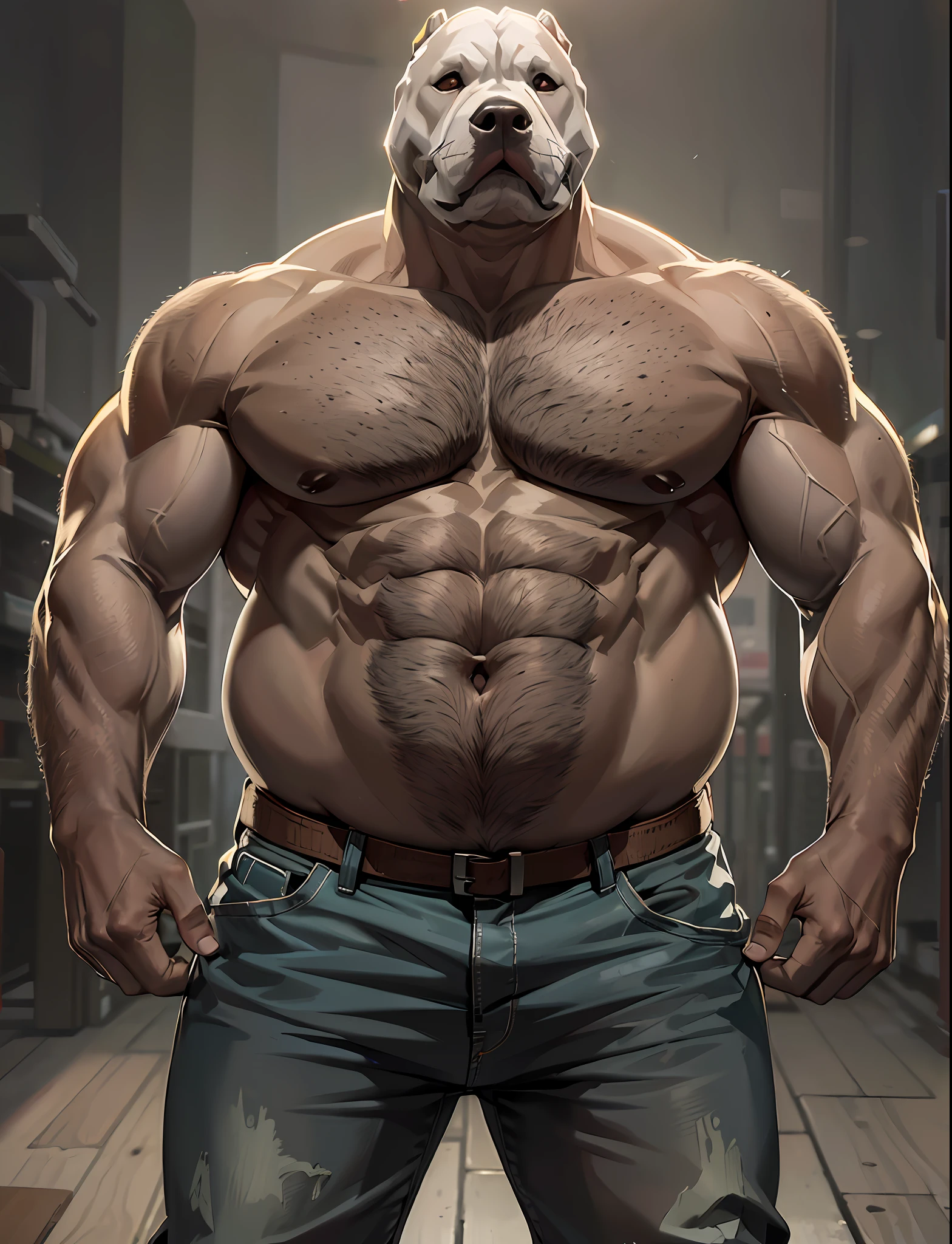pitbull cachorro, Musculatura, Um retrato fotografia de corpo inteiro Um motorista de caminhoneiro pesado de meia idade trativo, balg Fisiculturista forte, musculoso, peludo de barriga grande, wearing a very small trunk showing pubis, epic realistic, foto, desbotado, cores neutras, (((hdr)))), (((((cores silenciadas)))), cena intrincada, artstation, detalhes intrincados, vinheta