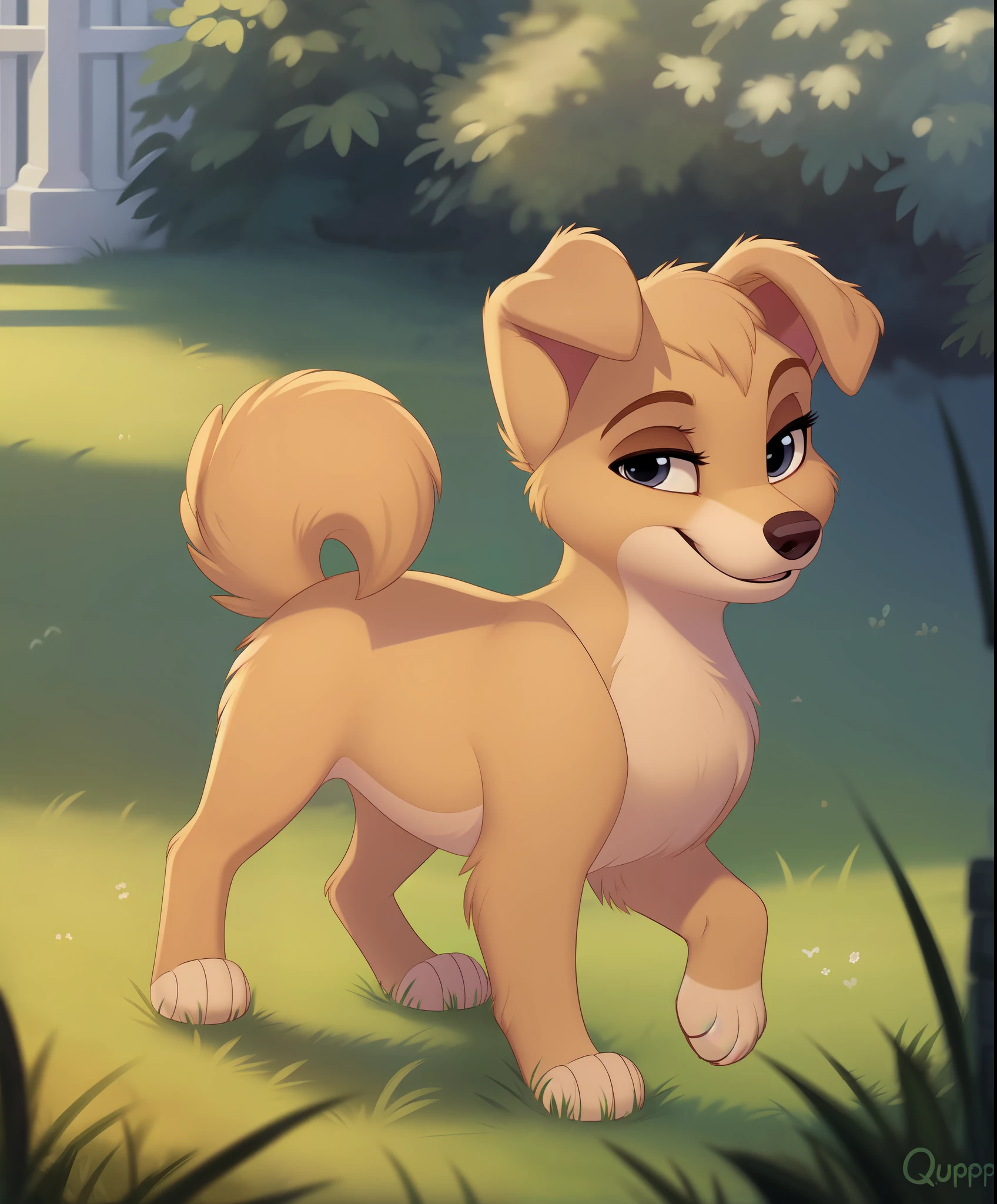 (by qupostuv35:1.0), female, (puppy), (angel dog:1.2), massive front legs, ((detailed background)), (solo:1.1), feral, happy, (smirk:1.2), lies on the grass,