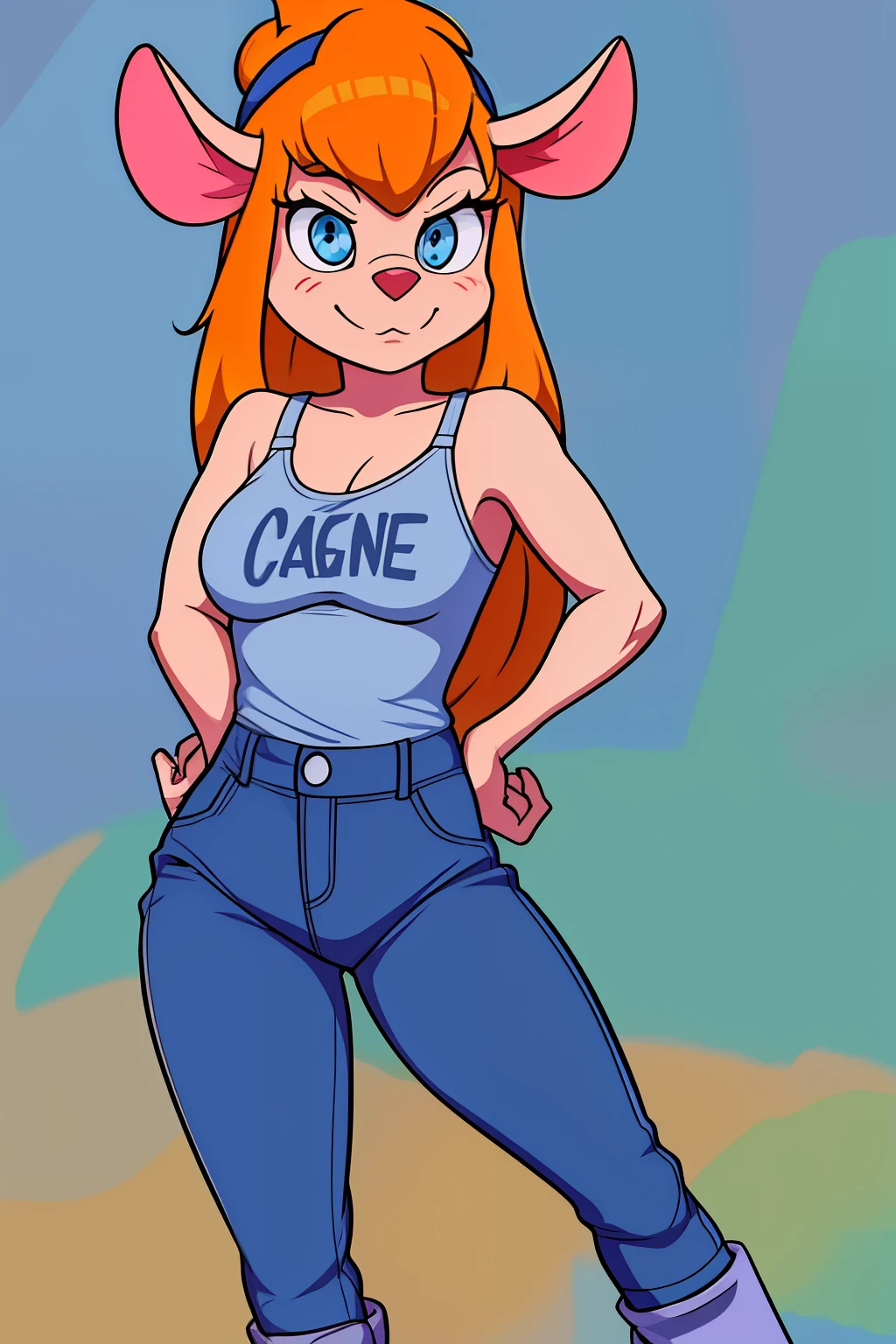 gadget_hackwrench, tiro de cowboy, sorriso, solo, Denim Jeans Pants, jaqueta pequena, botas altas, (alta qualidade: 1.2), obra-prima, detalhado, highres, 4k, foco nítido, estilo simples, desenho animado, [[anime]]