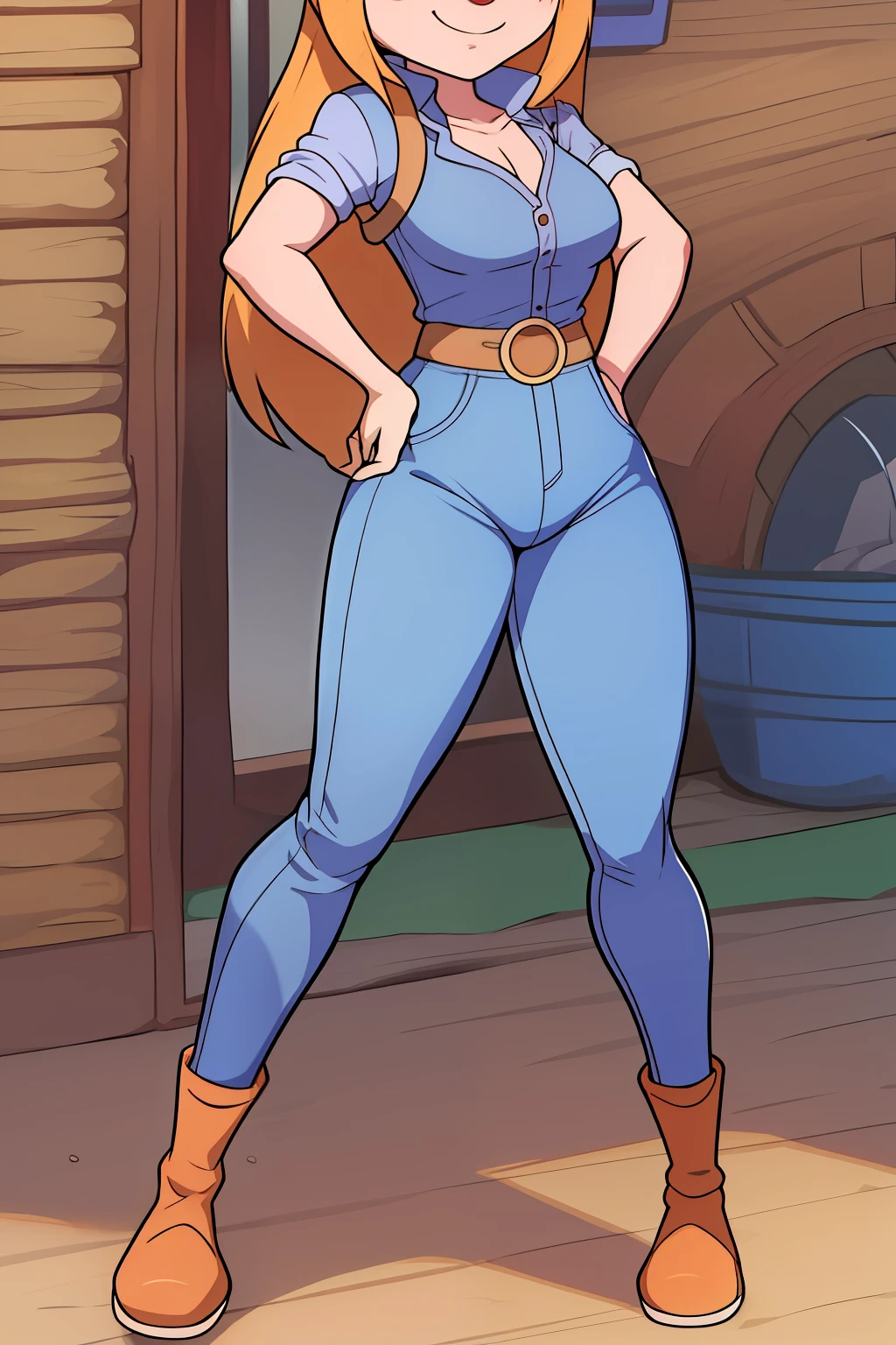 gadget_hackwrench, tiro de cowboy, sorriso, solo, Denim Jeans Pants, jaqueta pequena, botas altas, (alta qualidade: 1.2), obra-prima, detalhado, highres, 4k, foco nítido, estilo simples, desenho animado, [[anime]]