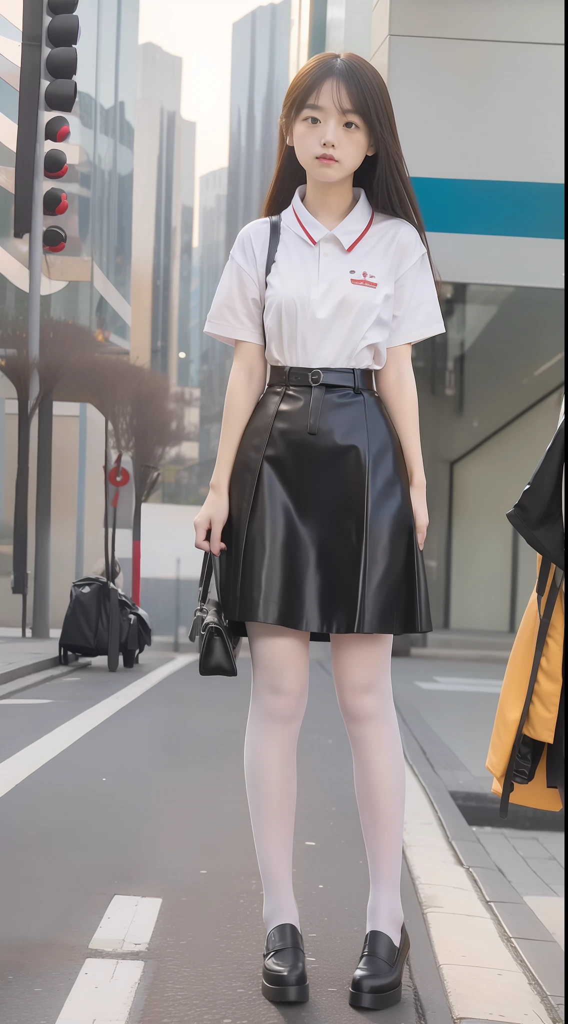 girlfriend, Color scheme, Japanese student uniform, Female Student, Short-sleeved student uniform,High-heeled leather shoes, long leges, (Full Focus:1.3), (Full body shot :2), The characters are dressed in latex,Clothes should be polished,Must show your face, Must have stockings, Stocking tights, hyper HD, Ray traching, structurally correct, anatomy correct, High detail, Chiaroscuro, Cinematic lighting, Masterpiece, Super detail, High quality, High details, Best quality, 16k, Award-Awarded