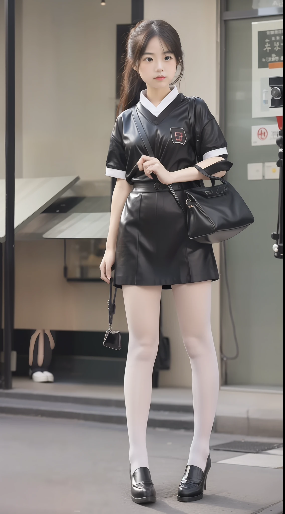 girlfriend, Color scheme, Japanese student uniform, Female Student, Short-sleeved student uniform,High-heeled leather shoes, long leges, (Full Focus:1.3), (Full body shot :2), The characters are dressed in latex,Clothes should be polished,Must show your face, Must have stockings, Stocking tights, hyper HD, Ray traching, structurally correct, anatomy correct, High detail, Chiaroscuro, Cinematic lighting, Masterpiece, Super detail, High quality, High details, Best quality, 16k, Award-Awarded