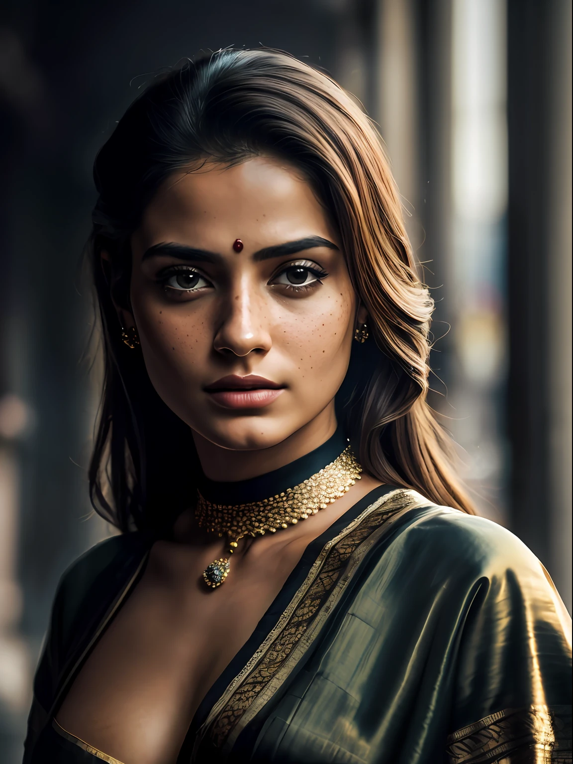 (8k, RAW photos, best image quality, masterpieces, : 1.2), (realistic, photorealistic: 1.37), film grain, photo, rule of thirds, dramatic lighting, medium hair, detailed face, detailed nose, woman wearing Georgette saree, freckles, collar or choker, smirk, Kolkata street background, Howrah backgroung, India, realism, realistic, raw, analog, woman, photorealistic, analog, realism, full outfit, seductive emotion, dramatic lighting,