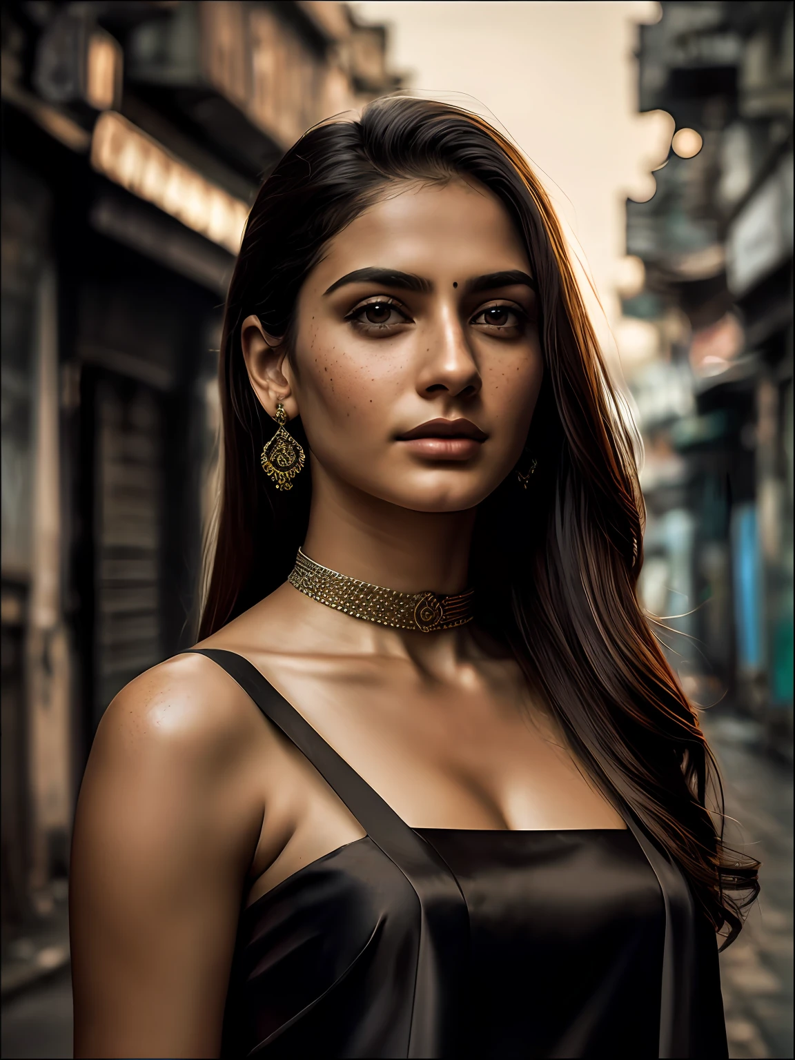 (8k, RAW photos, best image quality, masterpieces, : 1.2), (realistic, photorealistic: 1.37), film grain, photo, rule of thirds, dramatic lighting, medium hair, detailed face, detailed nose, woman wearing Georgette  saree, freckles, collar or choker, smirk, Kolkata street background, Howrah backgroung, India, realism, realistic, raw, analog, woman, photorealistic, analog, realism, full outfit, seductive emotion, dramatic lighting,
