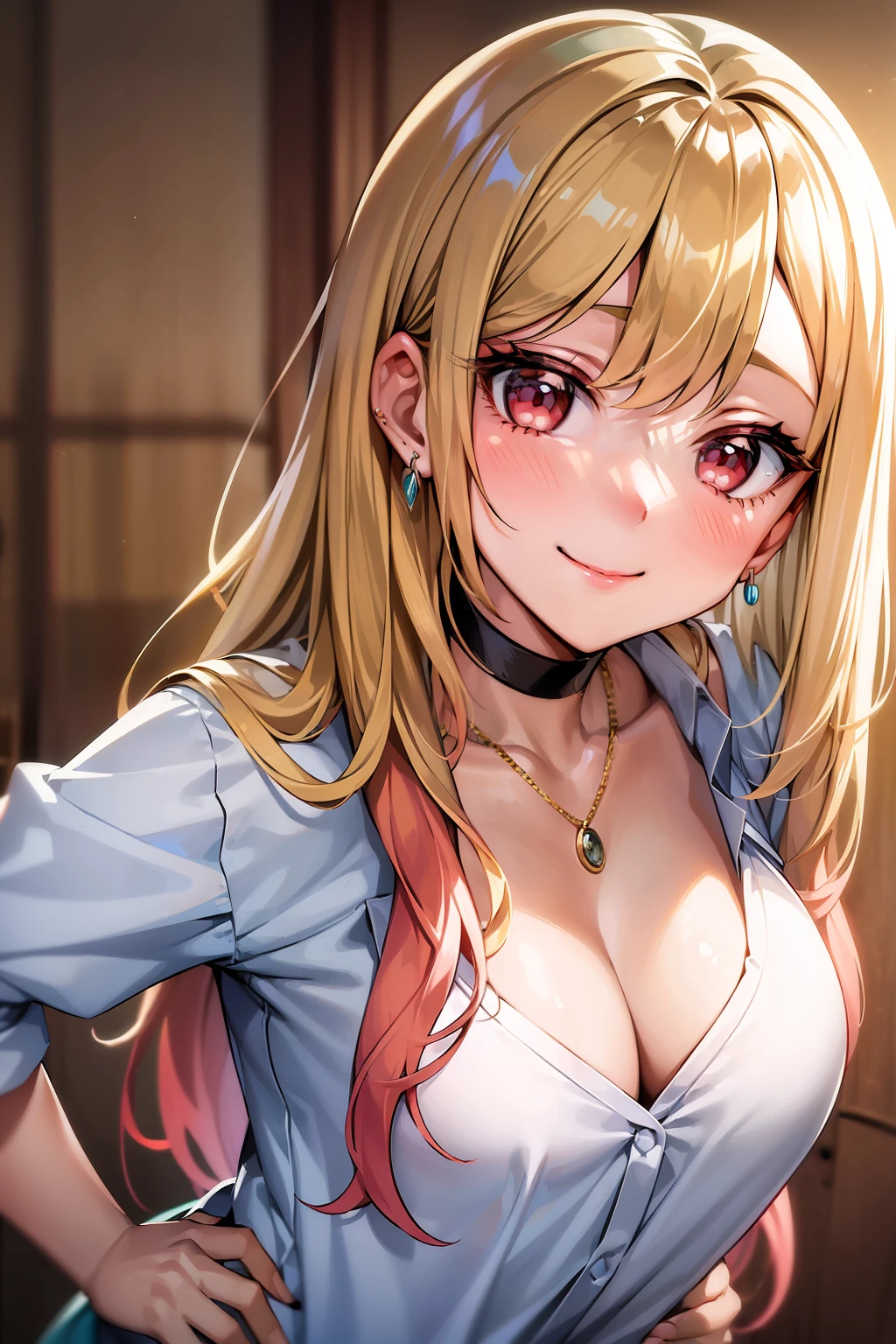 (((masterpiece))), MarinKitagawa, 1girl, solo, long hair, looking at viewer, blush, smile, blonde hair, shirt, red eyes, cleavage, jewelry, medium breasts, closed mouth, collarbone, upper body, earrings, choker, collared shirt, necklace, leaning forward, black choker, piercing, ear piercing, hands on hips, gyaru,