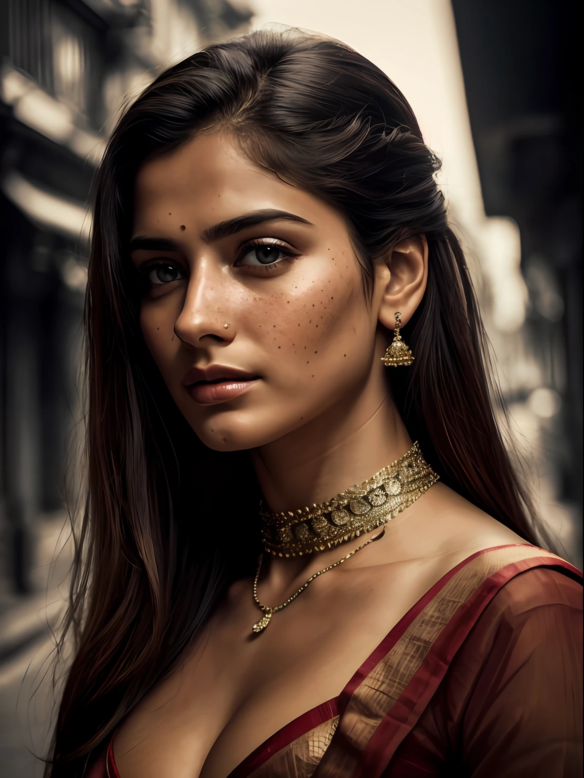 (8k, RAW photos, best image quality, masterpieces, : 1.2), (realistic, photorealistic: 1.37), film grain, photo, rule of thirds, dramatic lighting, medium hair, detailed face, detailed nose, woman wearing Georgette  saree, freckles, collar or choker, smirk, Kolkata street background, Howrah backgroung, India, realism, realistic, raw, analog, woman, photorealistic, analog, realism, full outfit, seductive emotion, dramatic lighting,