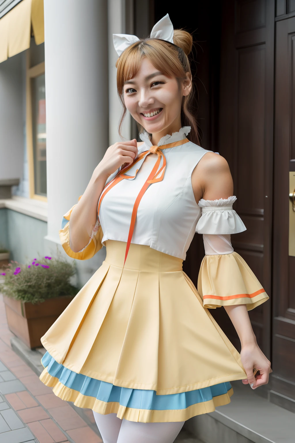 3d,hd, realistic, 80mm, masterpiece, best quality, anime, highly detailed face, highly detailed eyes, highly detailed background, perfect lighting, full body, 1girl, solo, nene_original, bun cover, two side up, bell, ribbon, yellow dress, detached sleeves, blue capelet, blue skirt, white pantyhose, dynamic pose, smile, east asian architecture, Asian young woman, cosplayer