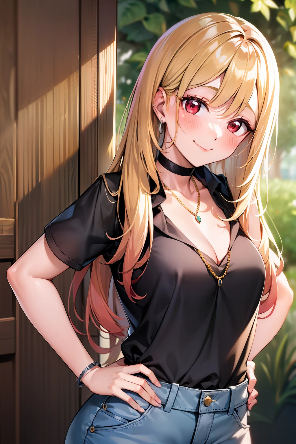 (((masterpiece))), MarinKitagawa, 1girl, solo, long hair, looking at viewer, blush, smile, blonde hair, shirt, red eyes, cleavage, jewelry, medium breasts, closed mouth, collarbone, upper body, earrings, choker, collared shirt, necklace, leaning forward, black choker, piercing, ear piercing, hands on hips, gyaru,