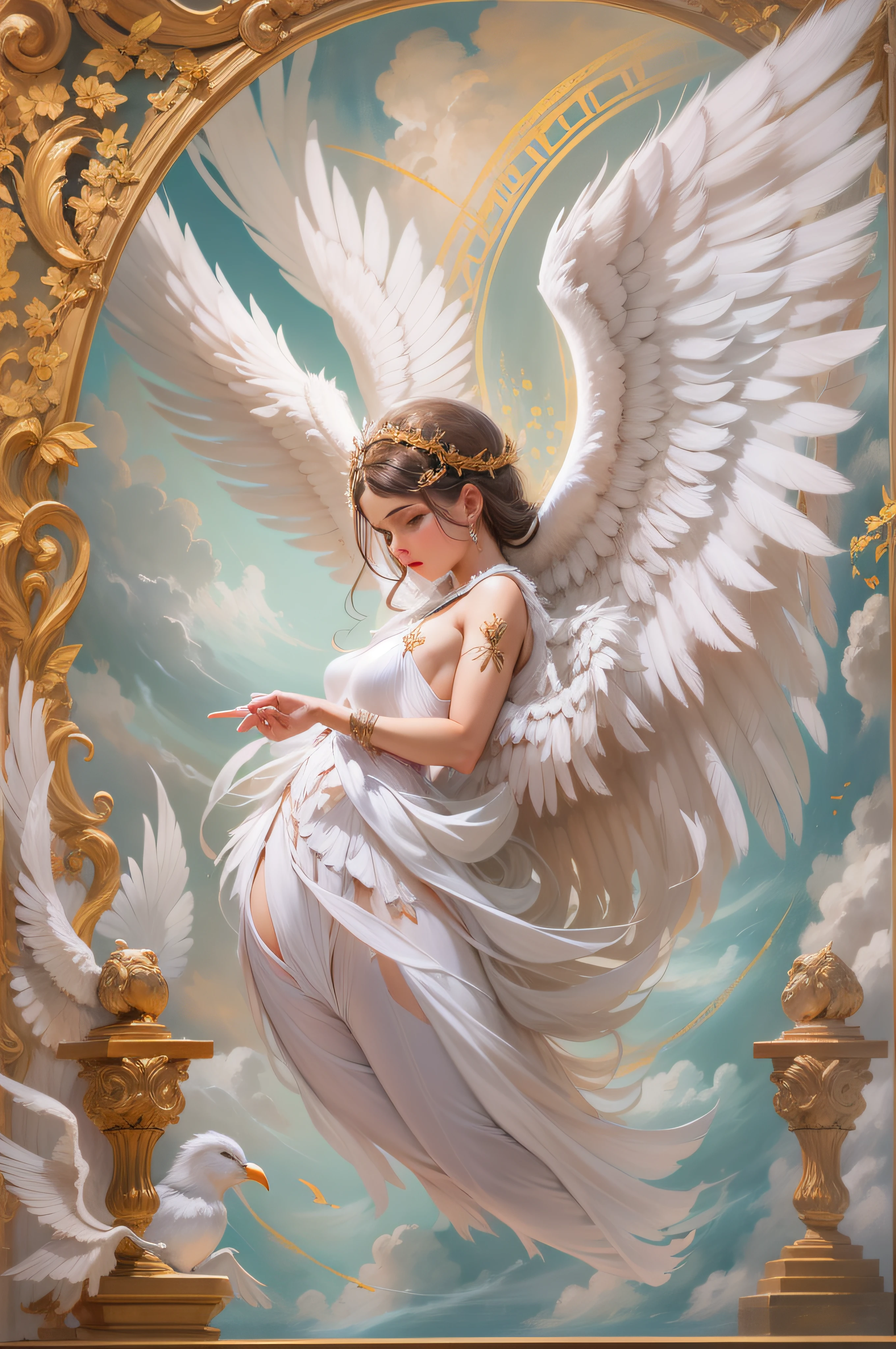 asas de anjo, asas brancas, plumas brancas, penas caindo, anjos, anjos voando, anjos com asas brancas, quadro realista, renascentista, angelical, oil painting, heaven, altamente detalhado, intricado, complexo, foco nas asas,