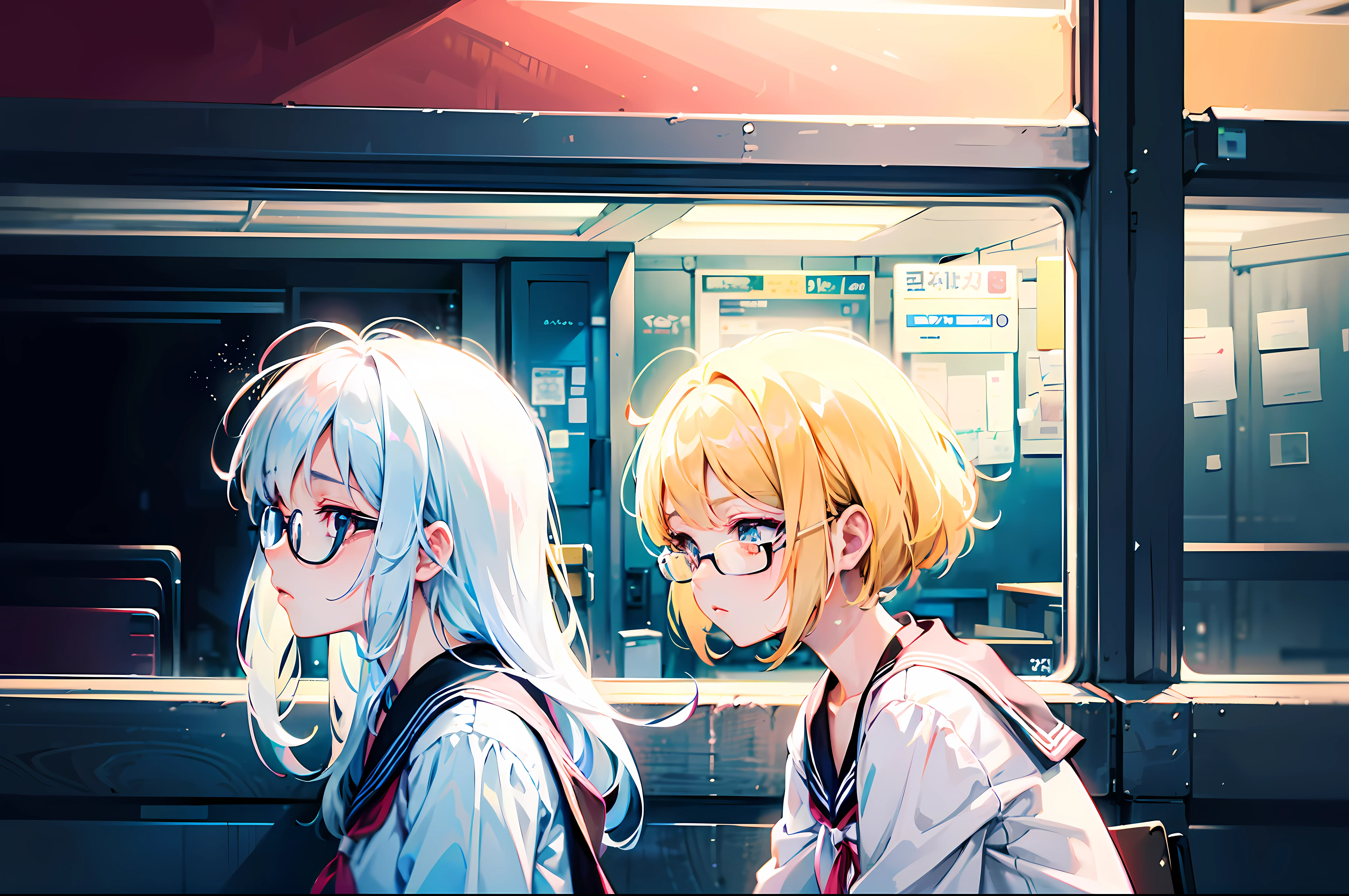 a college girl with glasses sitting ont the bench, white dyed hair, white shirt, side view, sad face, tired, bus station, alone, lofi portrait, digital anime illustration, detailed digital anime art, anime portrait, anime moe artstyle, realistic anime art style, anime realism style, semirealistic anime style, anime character portrait, high quality anime artstyle