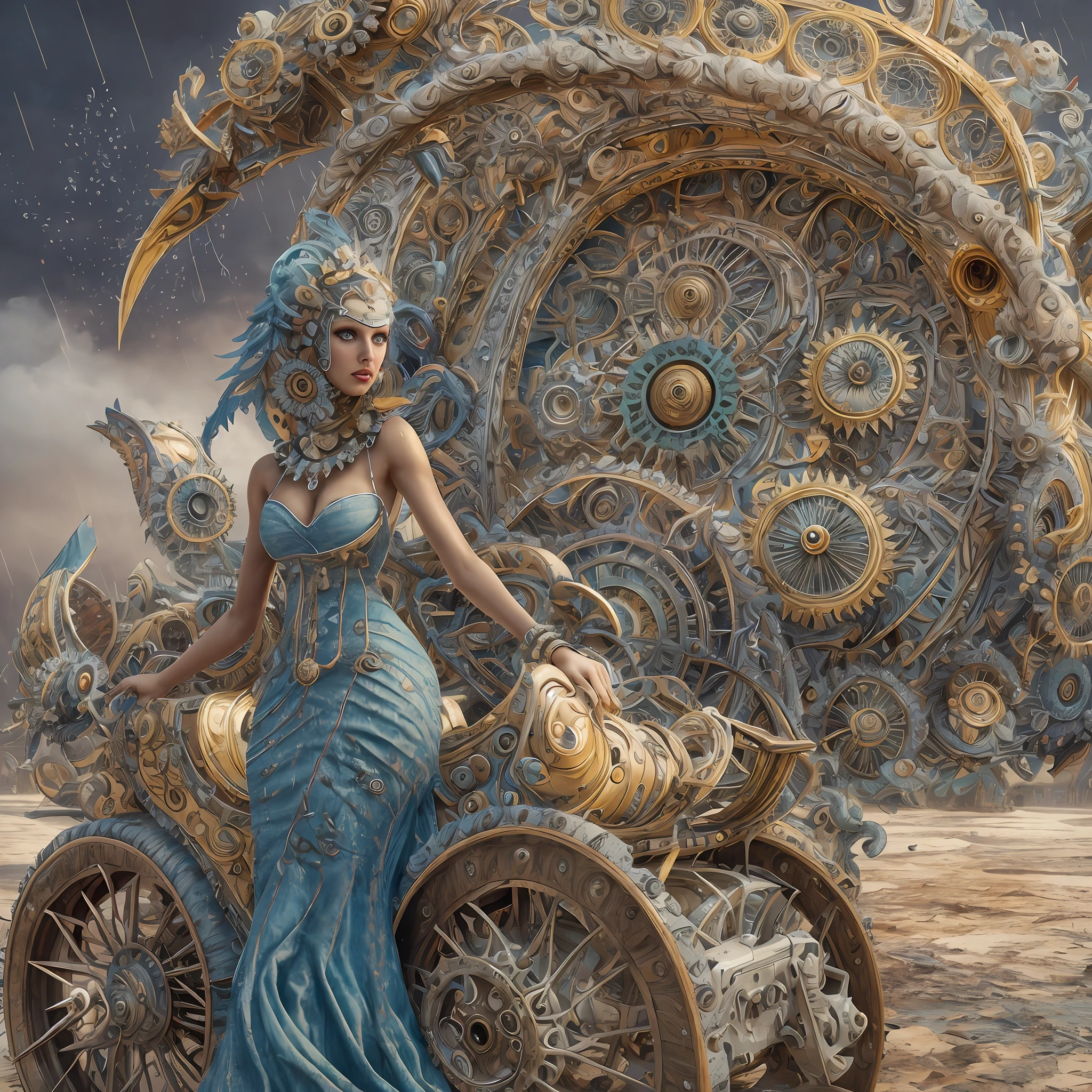 Wantz monster design,intriguing,High color saturation,swirles,Hyper-realistic, Ultra-detailed,Ultra-stereoscopic,MuCoi,Drip style - paint - 1900,tentaculata,round eye,Digital art by Ray Caesar and Hannah Hch and Stephen Burrows, A beautiful young woman in action pose, centered in frame, Wide shot, Lively breasts, Mask, Pop surrealism, neo-dada, Spectacular, spectacle, Masterpiece, Private collection, Featured collections, behans, a 3D render, Cracked clay, Gothic, Bright colors, Supersaturation, Depth, spirals, fibonacci sequence, shells, Flowers, gear wheel, tunnel, surreal environment, Fractal geometry, game assets, City scene, Modern makeup, Long eyelashes, Rain drops, Chiffon dress, Rococo, bangle, Punk rock, Subversive art, Dirty, Dirt, Skiff, Mid-cut jeans, Specular highlights, Pondering, ambient occlusion render, Detailed, Parade Square, ((isoline)), armature, Detailed, elaborate, complex, Desert, Mountains, Cart, The Car, Stormy sky, Moonlight