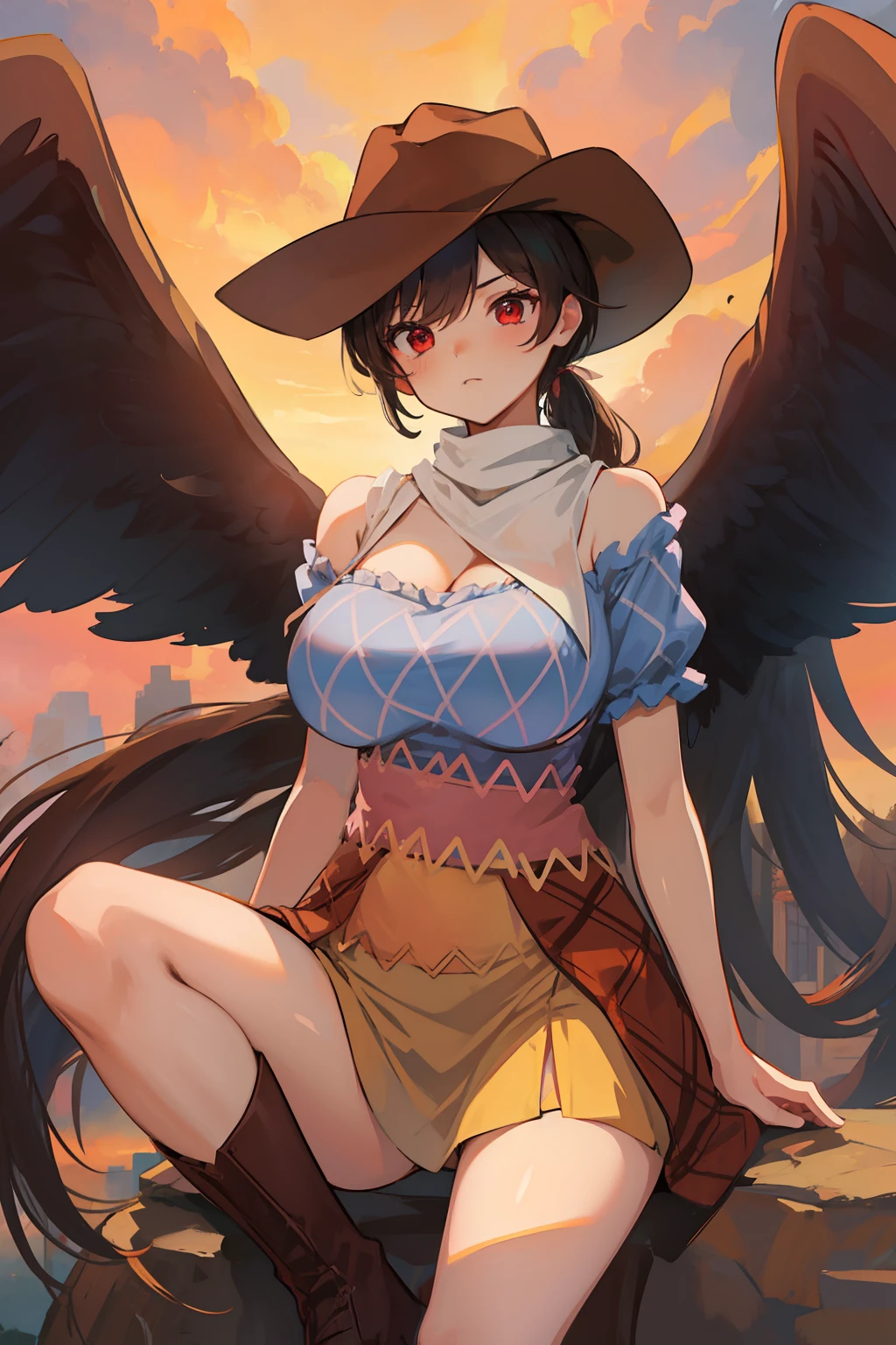 (masterpiece),best quality, expressive eyes, perfect face, 1girl,
big breast, H-cup, good breast, beautiful, gorgeous,anime,girl,lora, floating clothes, tent chest ,
 nipple visible  though clothes,Saki Kurokoma,
red eyes,
black hair,
short hair,
long ponytail,
black wings,
black horse tail,
brown cowboy hat,
brown boots,
light blue plaid shirt,
light pink shirt,
brown plaid skirt,
light orange skirt,
shoulders,
white bandana tied around neck,W sitting, w sitting on ground, legs on ground, arms between legs, both arms between, hands between thighs