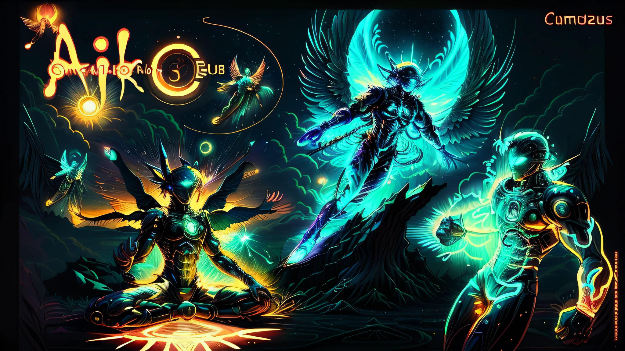 There are three different types of anime characters in this image, some cosmic angels, energetic beings patrolling, Energy Dynamic Pose, inspirado em Hiromu Arakawa, poder auras, arte de fundo, Potencializando a Aura, energia do toro, an epic anime of a energy man, Transhumanist Dance, inspired by Mœbius, seres solares, 8k, ultra realista