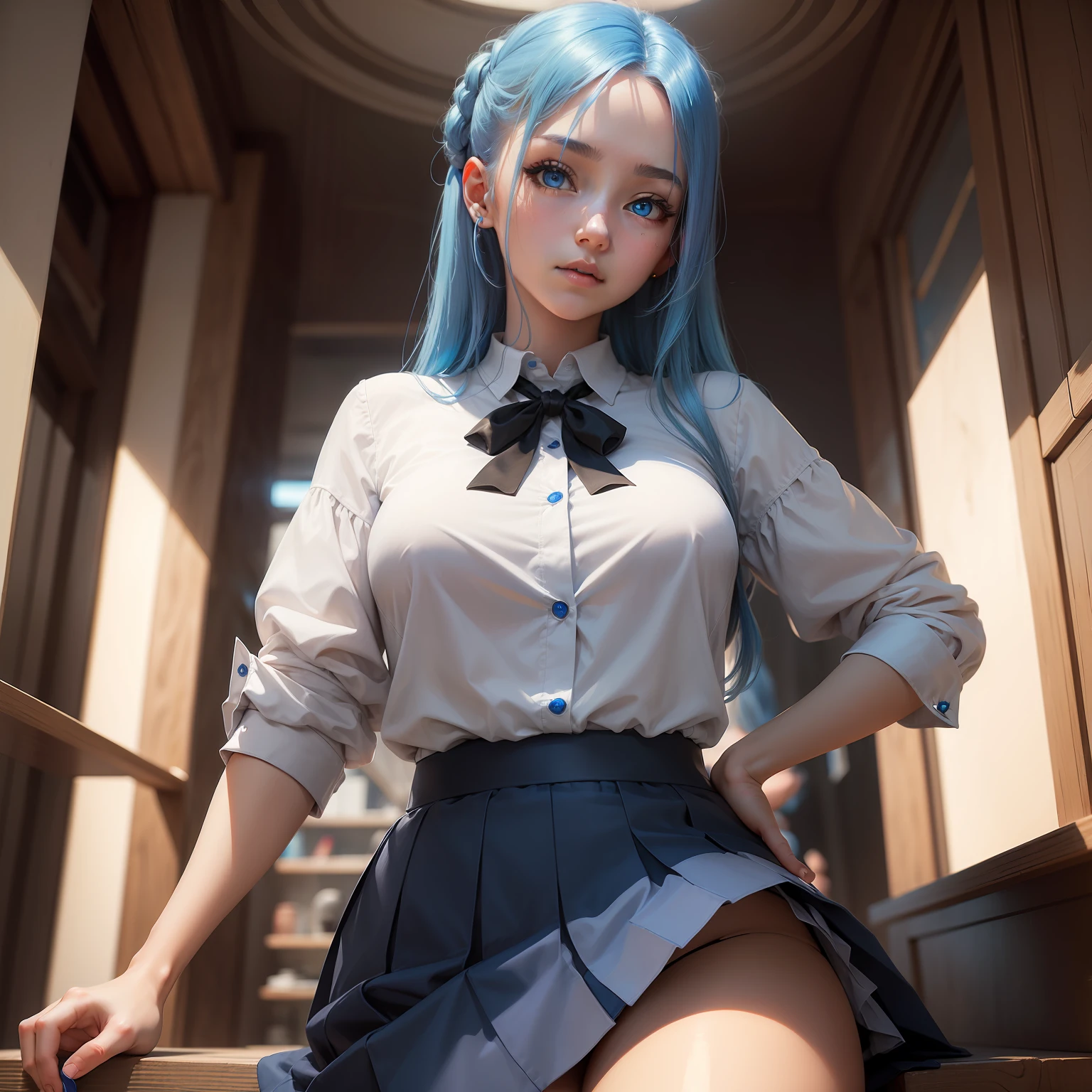 ((Masterpiece)), (Best Quality), (Detail), (1girl), Blue Hair, Blue Glowing Eyes, Upstyle, White Shirt, Black Skirt, Looking Down on the Viewer