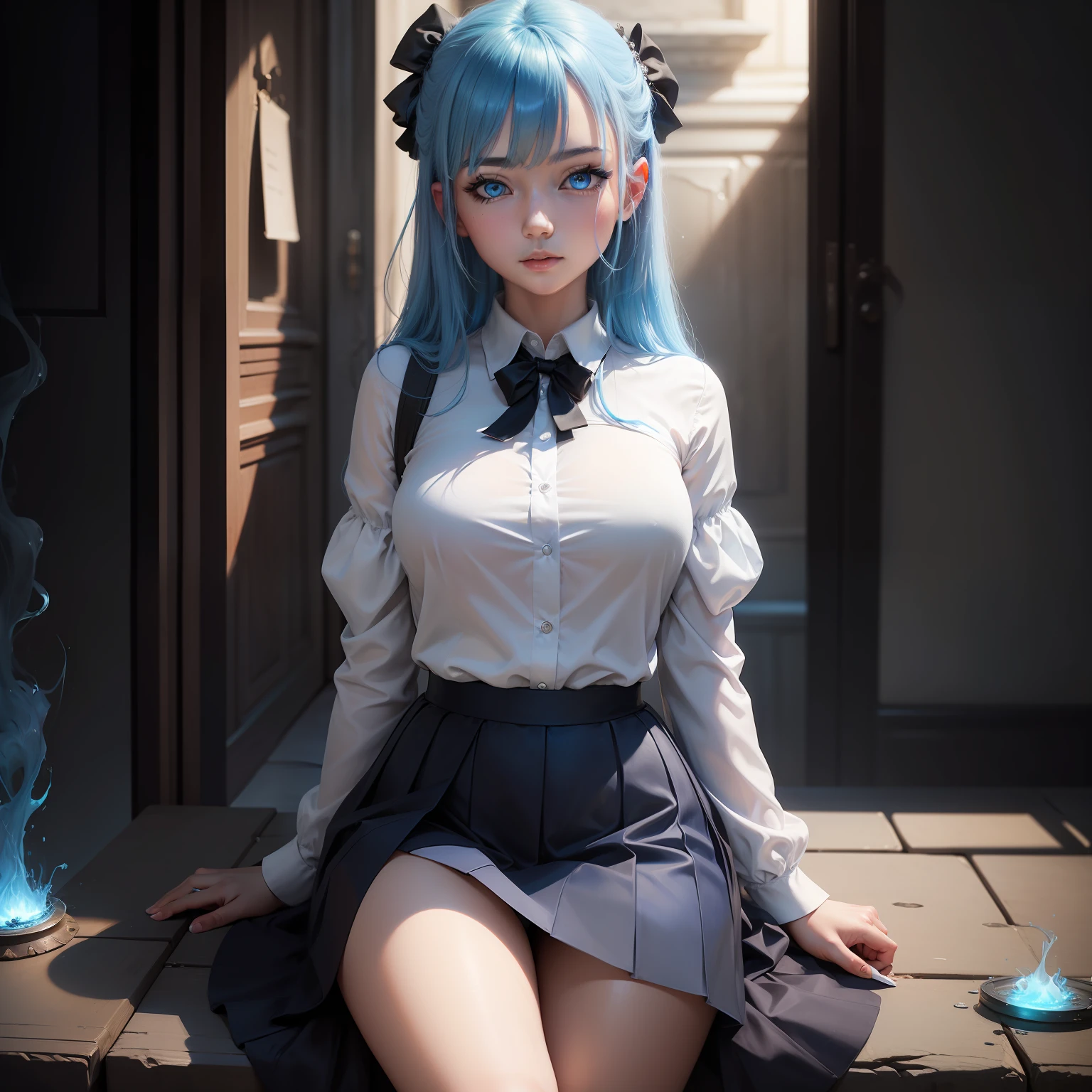 ((Masterpiece)), (Best Quality), (Detail), (1girl), Blue Hair, Blue Glowing Eyes, Upstyle, White Shirt, Black Skirt, Looking Down on the Viewer