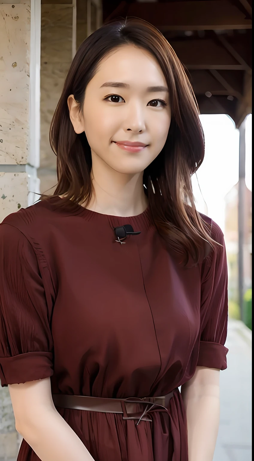 Long dark brown hair，Long slightly curly hair，One Japan Woman，20yr old，tall nose bridge，There is a face like a goose egg，Fine fine skin，Very textured，photorealestic，High fidelity，Delicate light makeup，High fidelity，Wear a summer short-sleeved dress，Beautiful big eyes，ssmile，sideface，Buildings behind you