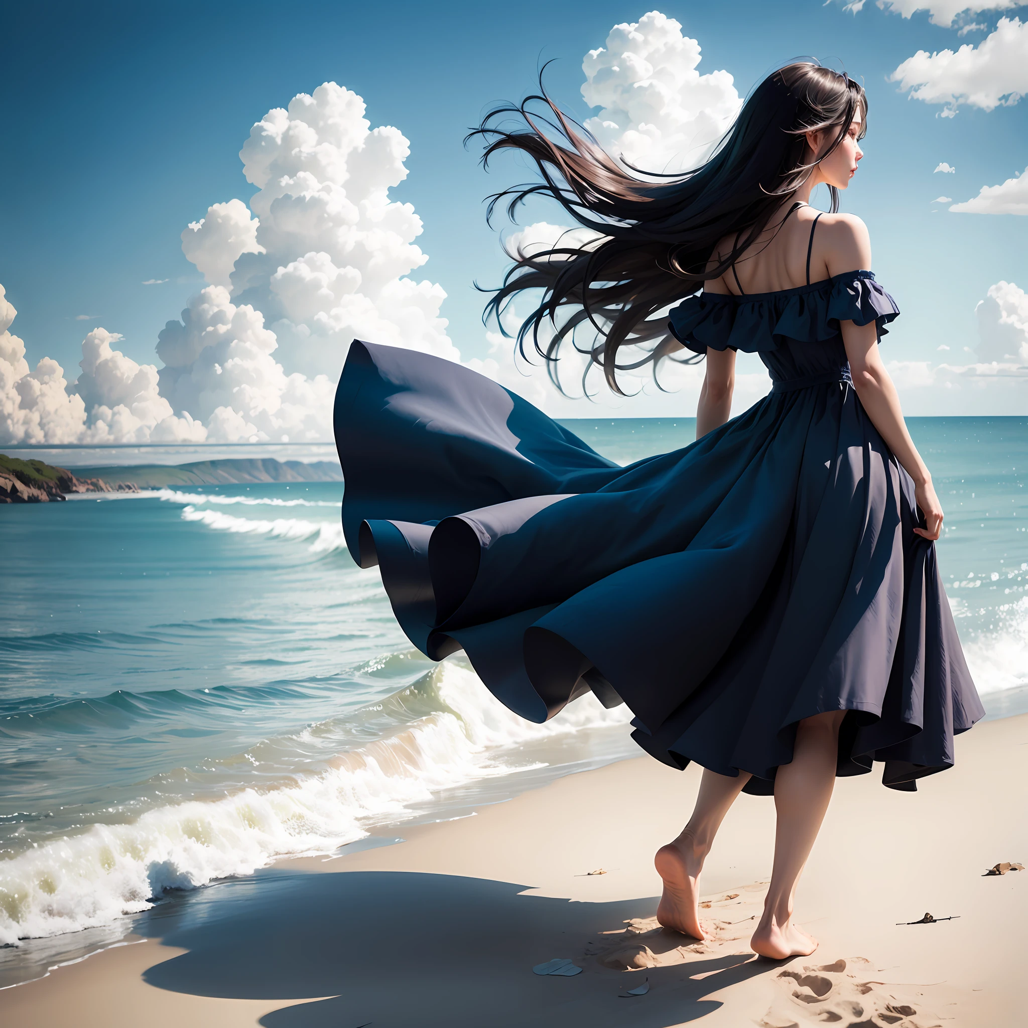 a woman, hair blowing in the wind, walk on the beach, shining water surface, blue sky and white clouds, best quality, ultra-detailed, (photorealistic), an extremely delicate and beautiful, depth of field, film grain