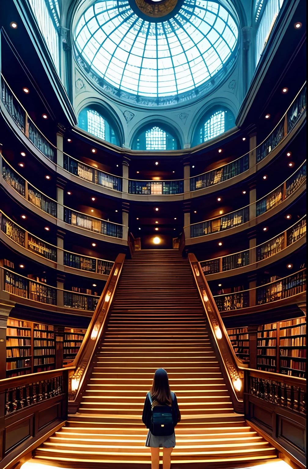 person looking up at the endless staircase of books, the whole universe is in this space, the inanimate coming to life