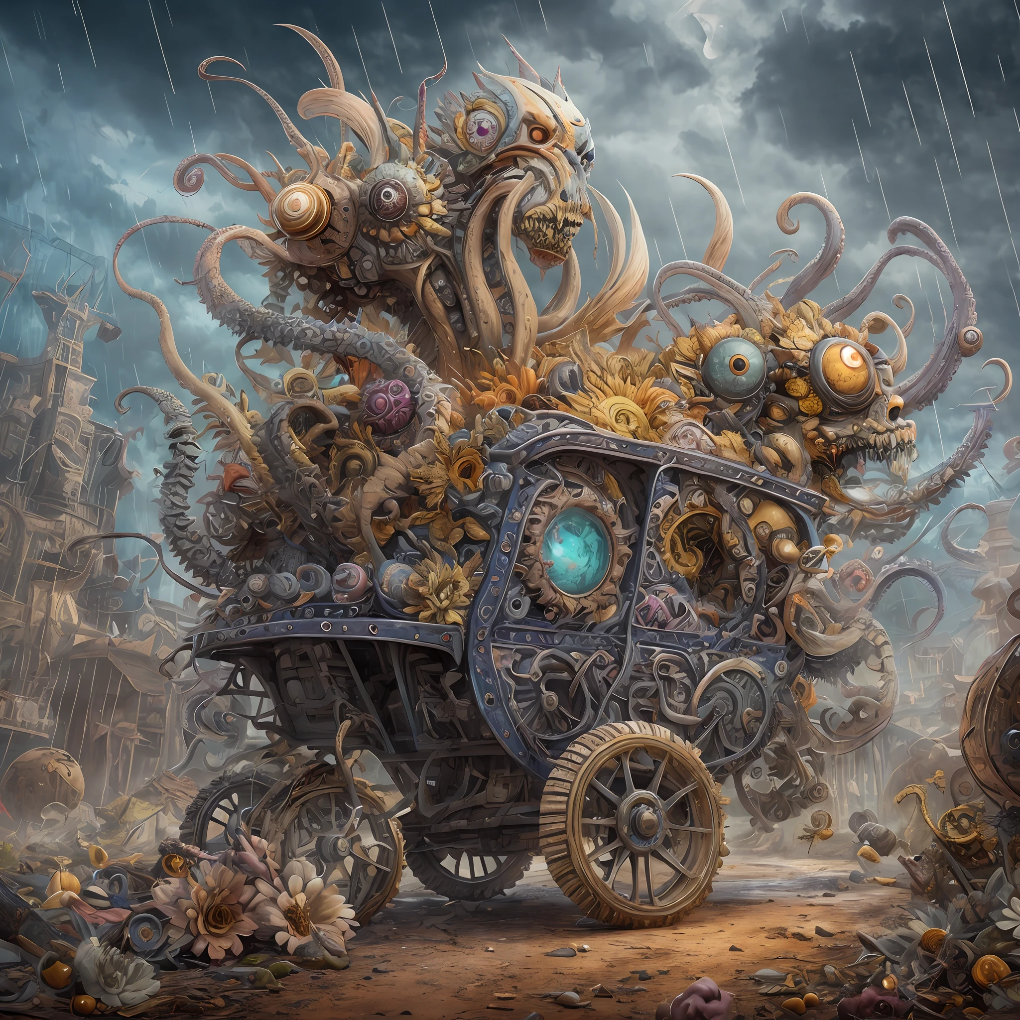 Wantz monster design,intriguing,High color saturation,swirles,Hyper-realistic, Ultra-detailed,Ultra-stereoscopic,MuCoi,Drip style - paint - 1900,tentaculata,round eye,Digital art by Ray Caesar and Hannah Hch and Stephen Burrows, A beautiful young woman in action pose, centered in frame, Wide shot, Lively breasts, Mask, Pop surrealism, neo-dada, Spectacular, spectacle, Masterpiece, Private collection, Featured collections, behans, a 3D render, Cracked clay, Gothic, Bright colors, Supersaturation, Depth, spirals, fibonacci sequence, shells, Flowers, gear wheel, tunnel, surreal environment, Fractal geometry, game assets, City scene, Modern makeup, Long eyelashes, Rain drops, Chiffon dress, Rococo, bangle, Punk rock, Subversive art, Dirty, Dirt, Skiff, Mid-cut jeans, Specular highlights, Pondering, ambient occlusion render, Detailed, Parade Square, ((isoline)), armature, Detailed, elaborate, complex, Desert, Mountains, Cart, The Car, Stormy sky, Moonlight