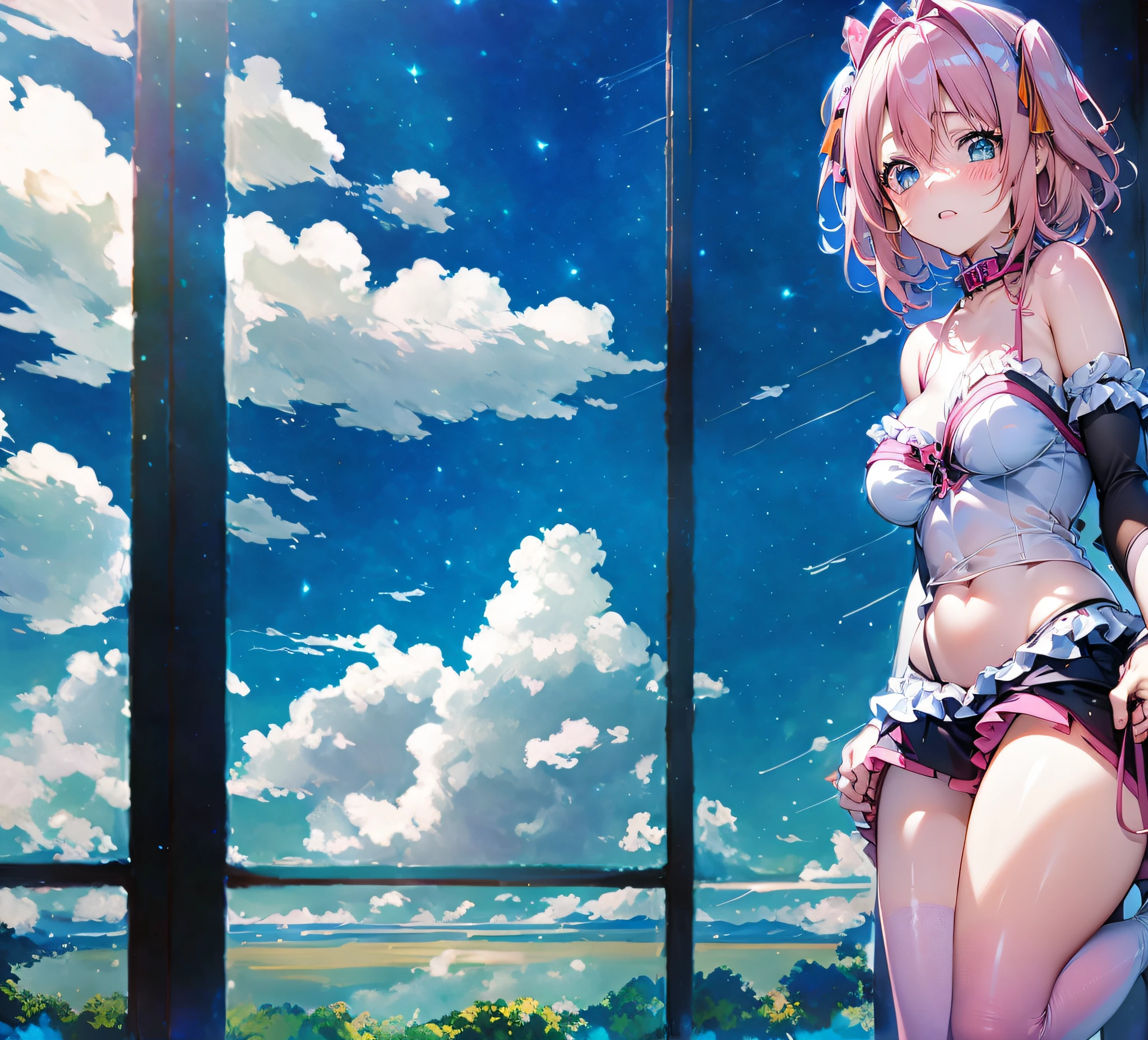 ,clouds outside the windows, there is blue sky, with clouds in the sky, clouds in the background, Blue sky in the background, clouds in the background, low angle facing sky, cloud in the sky, glistening clouds in background, Comic style，jpn，Clouds，4K Ultra Clear,𝓡𝓸𝓶𝓪𝓷𝓽𝓲𝓬，big breasts beautiful,dream magical，Fantastic colors and clouds,There are shooting stars in the sky，Estilo de Makoto Shinkai