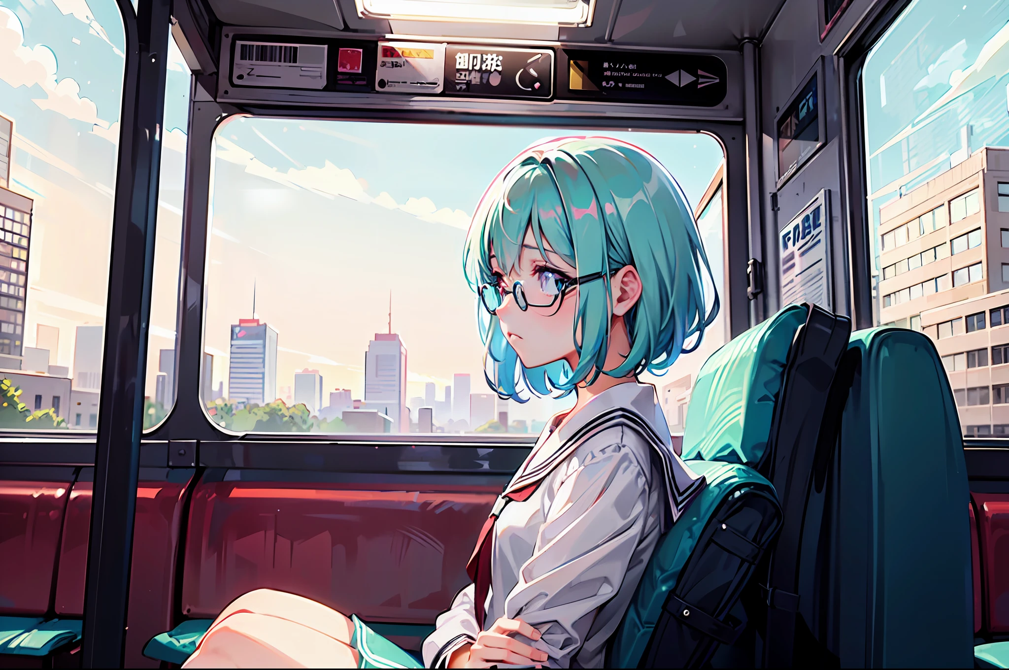 a college girl with glasses sitting ont the bench, white dyed hair, white shirt, side view, sad face, tired, bus station, alone, lofi portrait, digital anime illustration, detailed digital anime art, anime portrait, anime moe artstyle, realistic anime art style, anime realism style, semirealistic anime style, anime character portrait, high quality anime artstyle