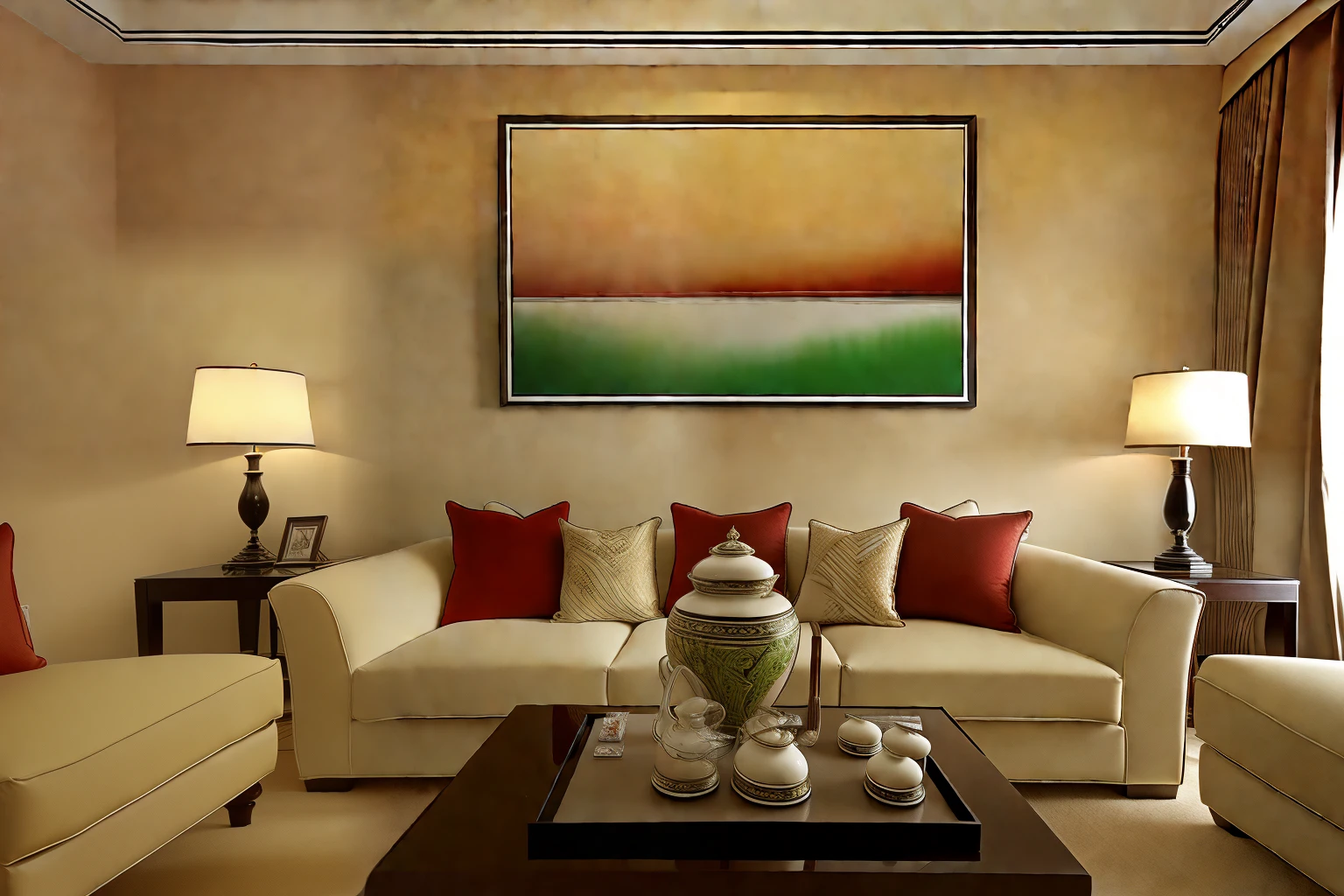 (tmasterpiece),(illustration),(liveroom),8K,Red fabric sofa,coffee table,carpets,tea set,Artistic painting,Green potted plants