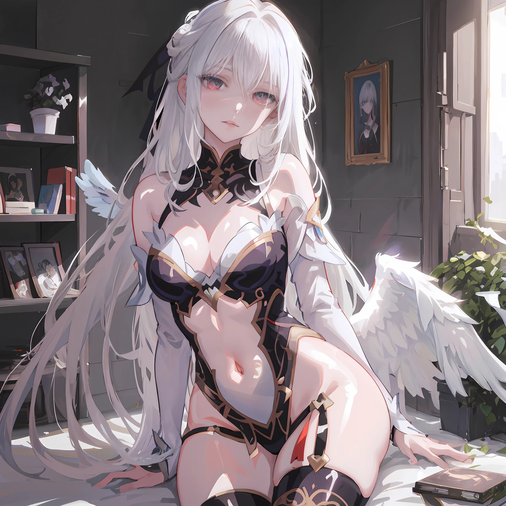 Anime - sexy woman style image with angel wings, Anime goddess, seductive anime girls, 8K high quality detailed art, White-haired god, anime highly detailed, Perfect white haired girl, full - body majestic angel, Guweiz in Pixiv ArtStation, angelic wings on her back, small curvaceous , Guweiz on ArtStation Pixiv