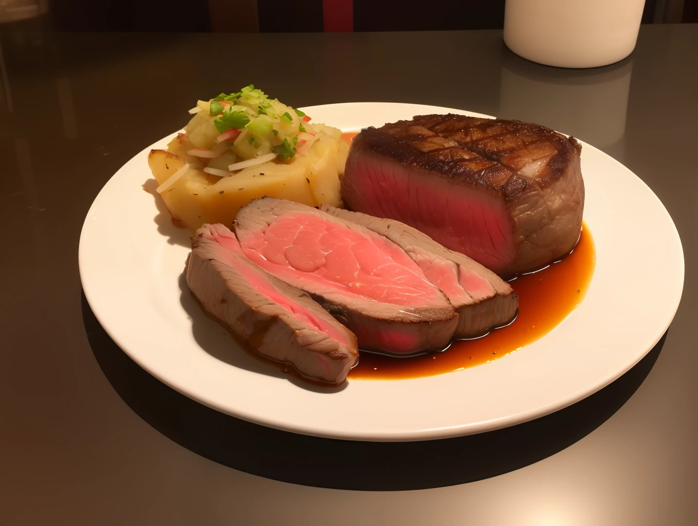 Steak in half、Medium is slightly、Cooked steak outside、On a plate、steaming、Oil leaks from steak、(Parsley on steak)、Tender steak、Cheese melting on top、steam、Large serving of pride potatoes as a garnish