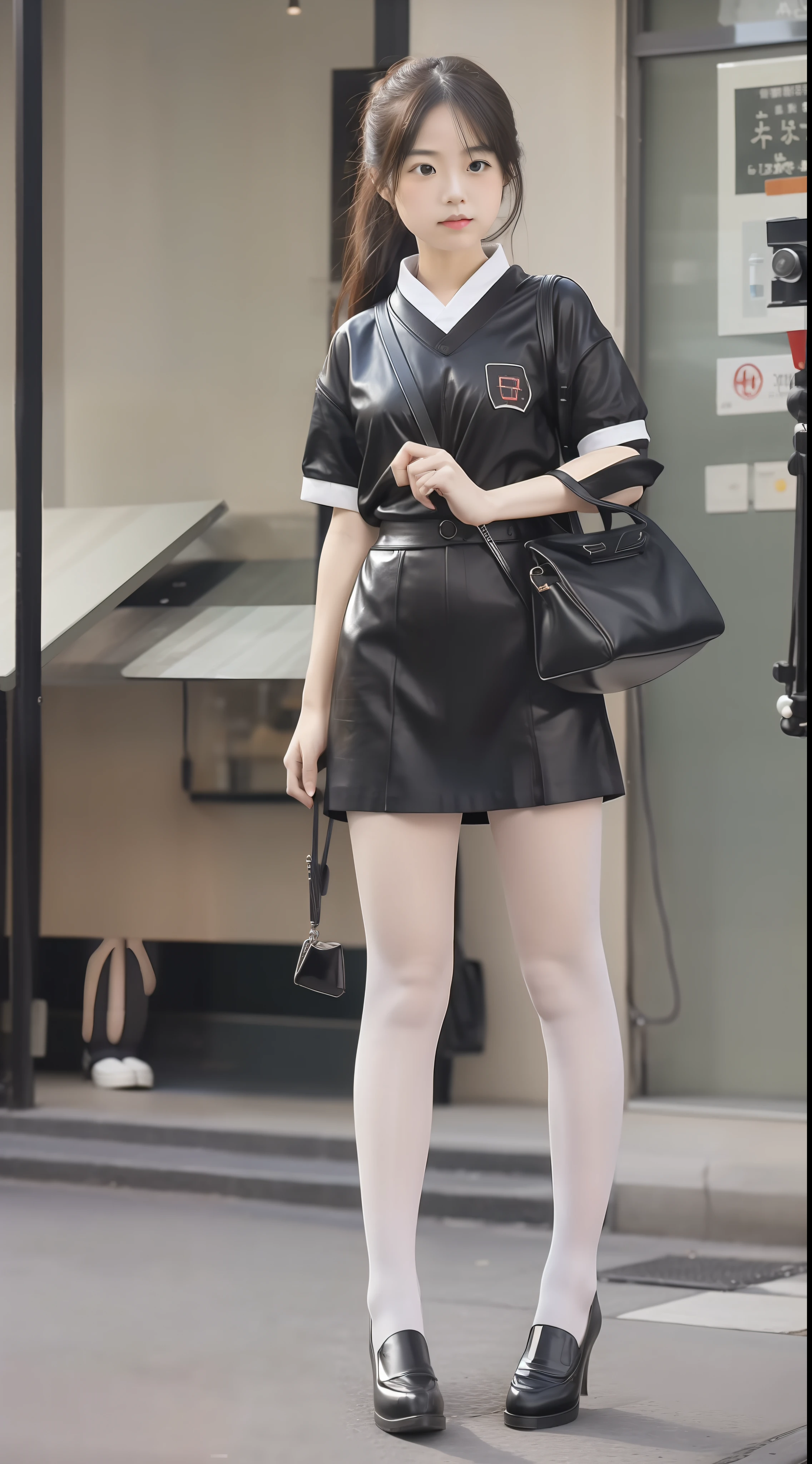 girlfriend, Color scheme, Japanese student uniform, Female Student, Short-sleeved student uniform，High-heeled leather shoes, long leges, （Full Focus：1.3）, (Full body shot ：2), The characters are dressed in latex，Clothes should be polished，Must show your face, Must have stockings, Stocking tights, hyper HD, Ray traching, structurally correct, anatomy correct, High detail, Chiaroscuro, Cinematic lighting, Masterpiece, Super detail, High quality, High details, Best quality, 16k, Award-Awarded